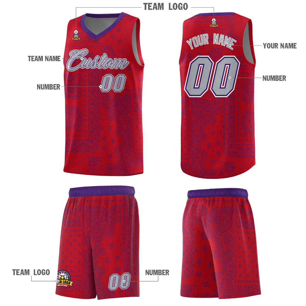 Custom Red Basketball Kits With Purple Cashew Flower Print Pattern