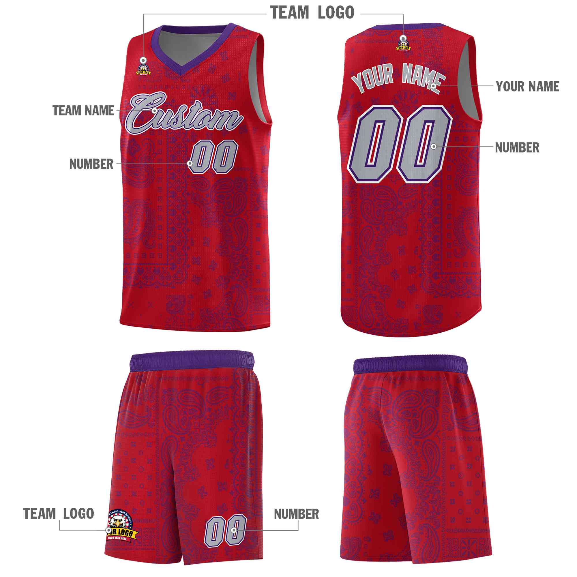 Custom Red Basketball Kits With Purple Cashew Flower Print Pattern
