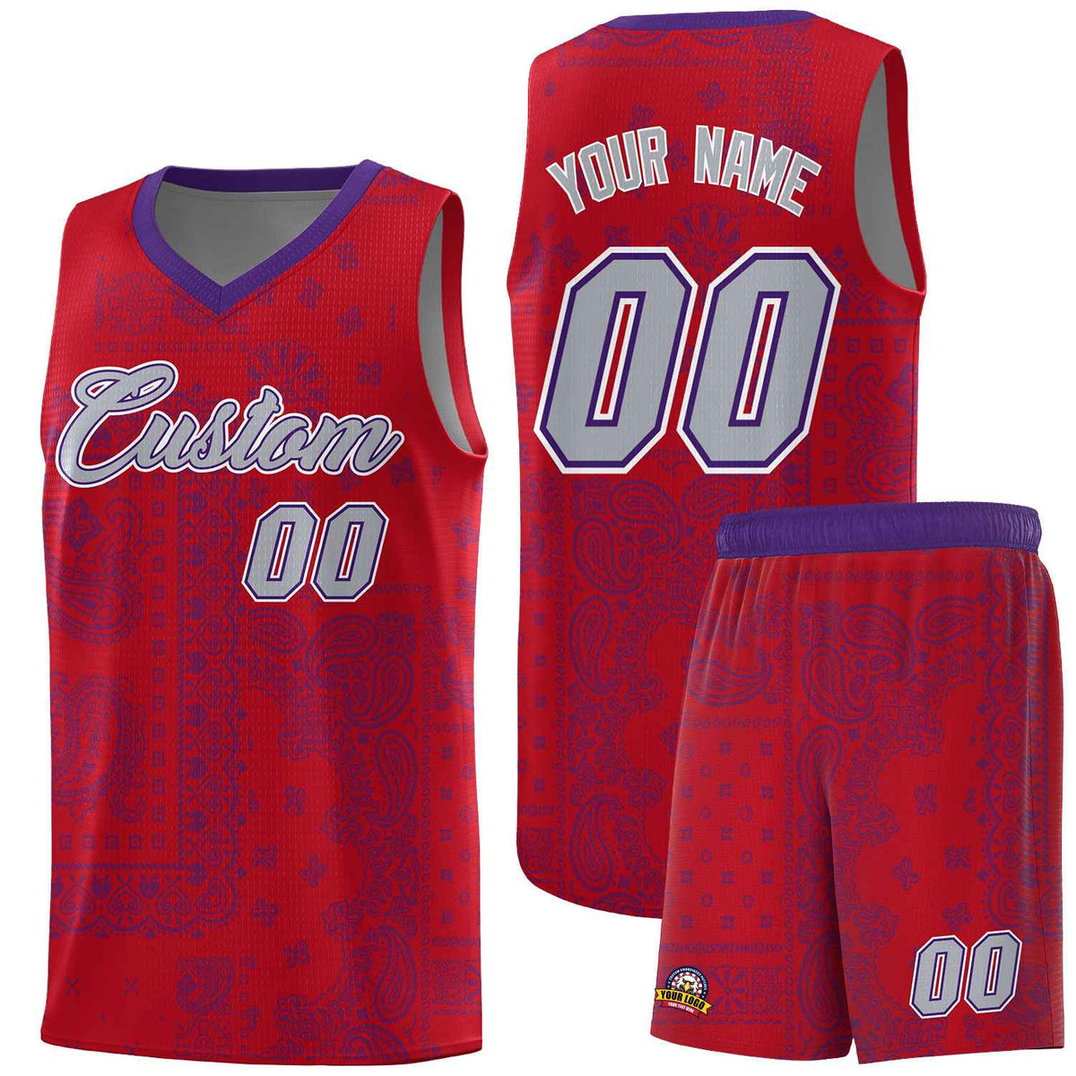 Custom Red Basketball Kits With Purple Cashew Flower Print Pattern