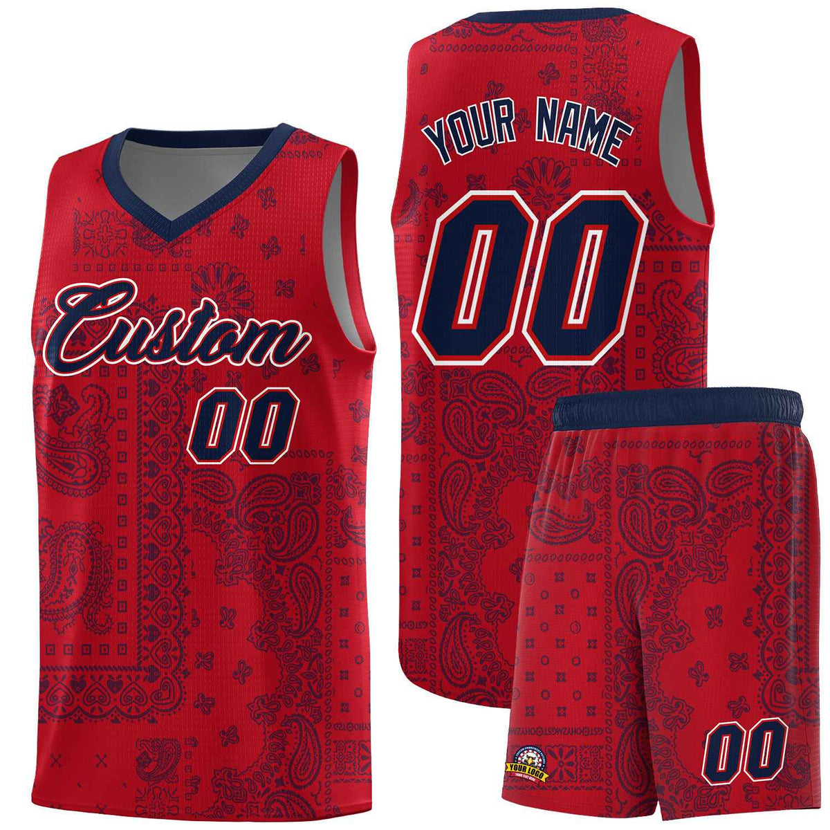 Custom Red Basketball Kits With Navy Cashew Flower Print Pattern