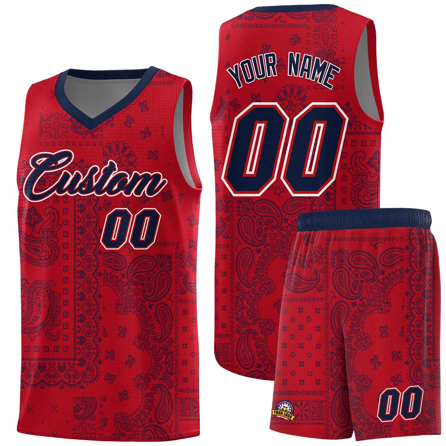 Custom Red Basketball Kits With Navy Cashew Flower Print Pattern