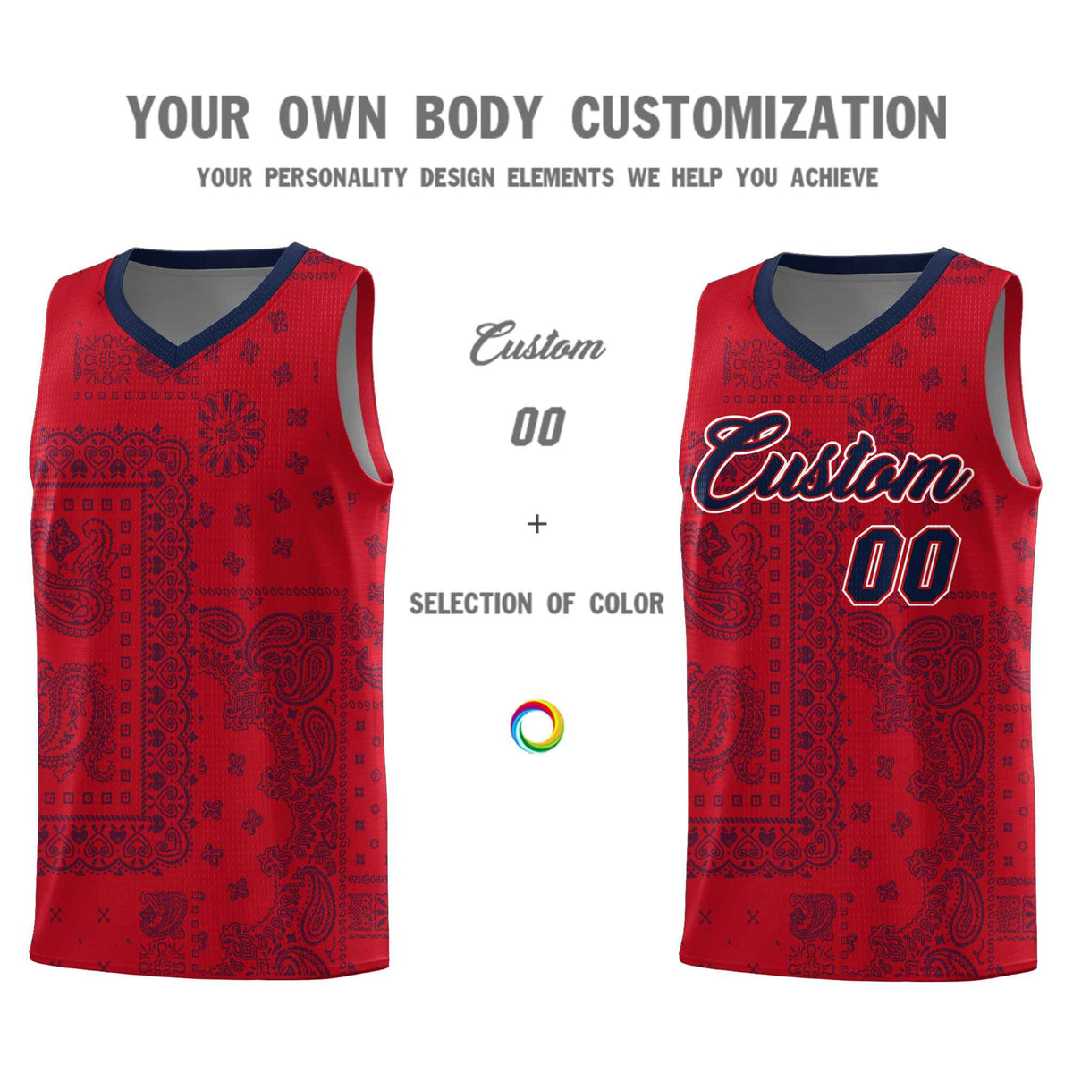 Custom Red Basketball Kits With Navy Cashew Flower Print Pattern