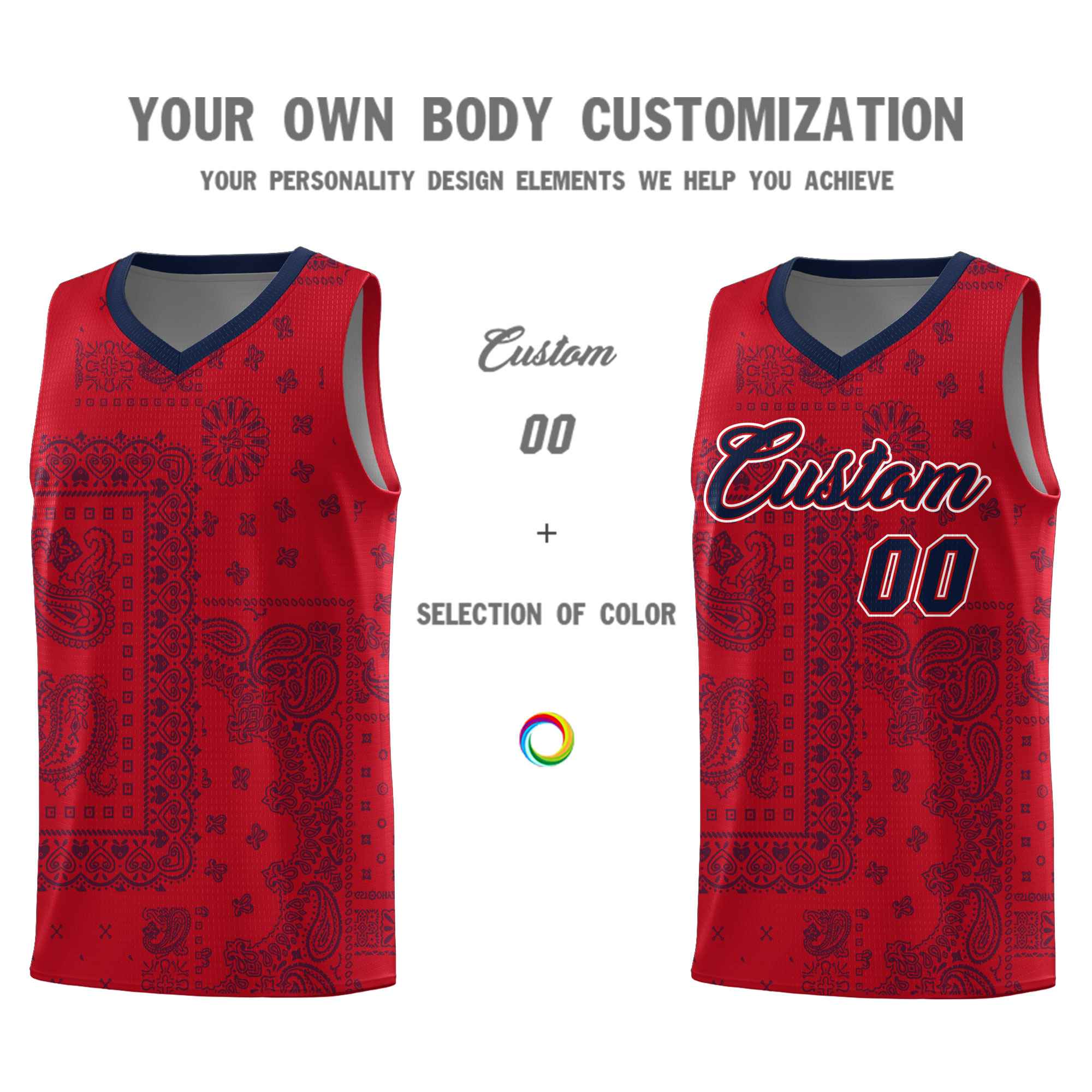 Custom Red Basketball Kits With Navy Cashew Flower Print Pattern