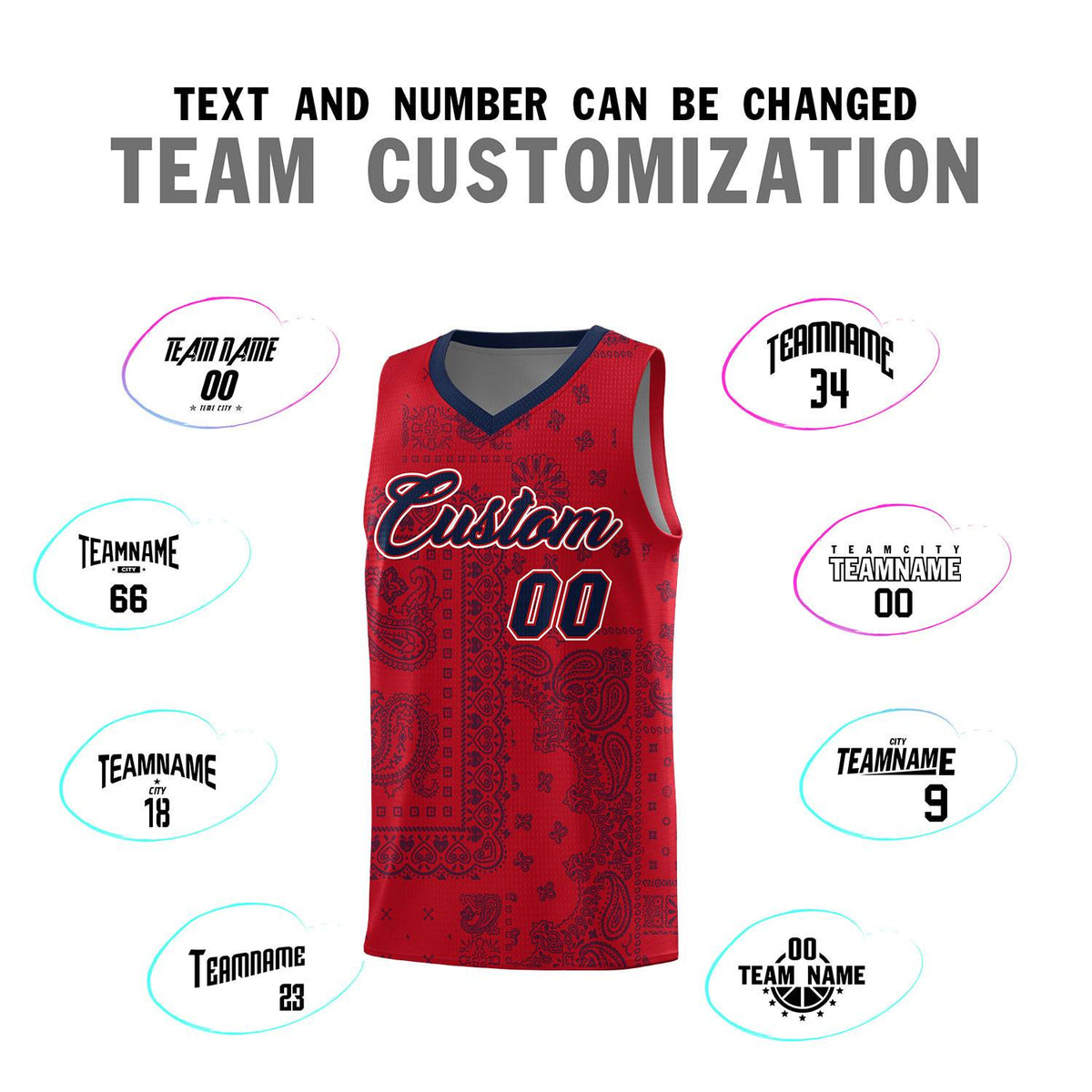 Custom Red Basketball Kits With Navy Cashew Flower Print Pattern