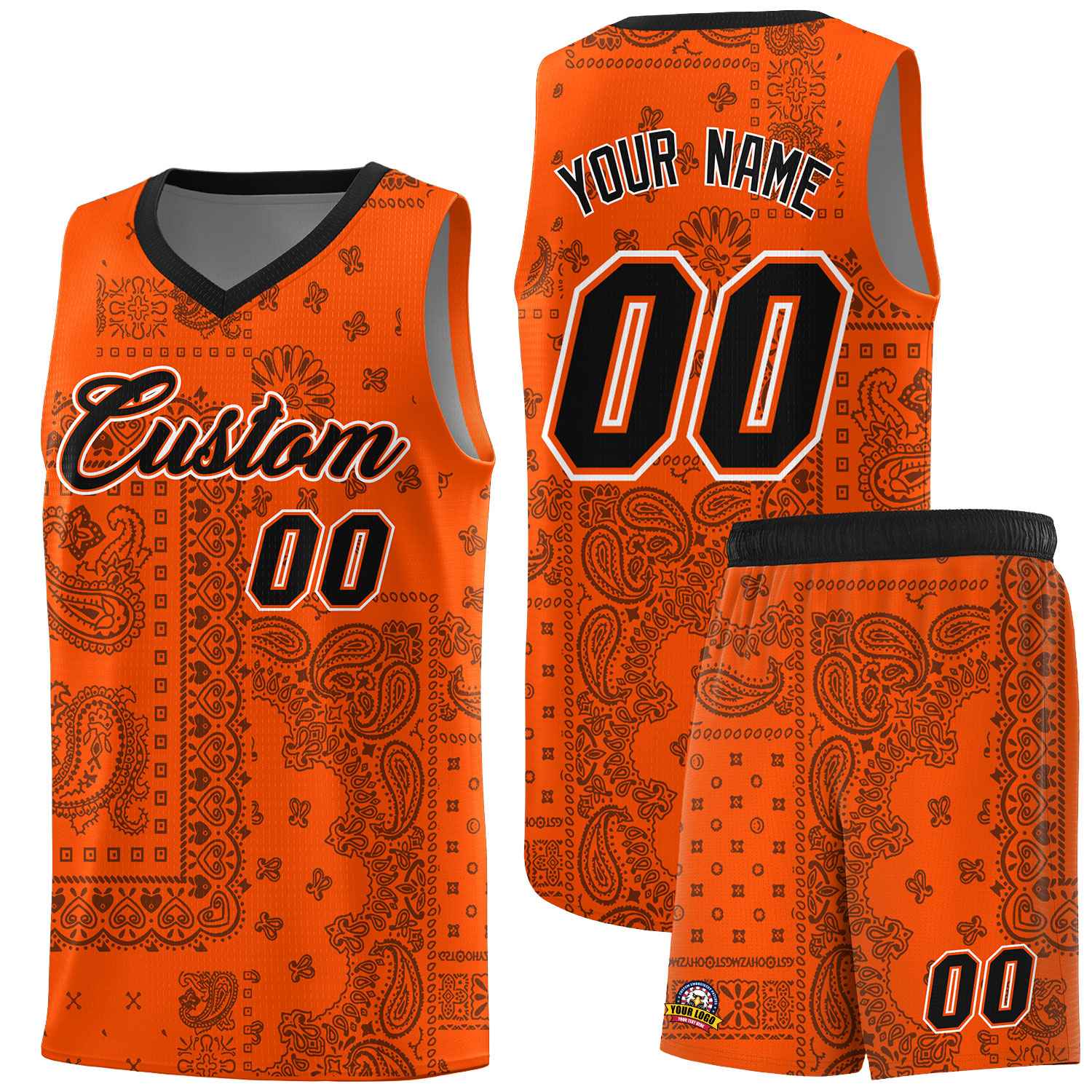 Custom Orange Basketball Kits With Black Cashew Flower Print Pattern