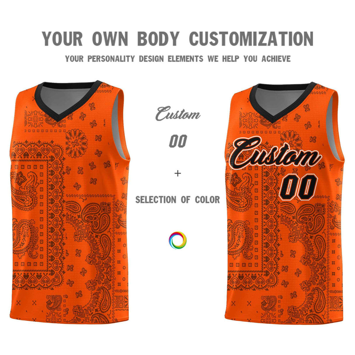 Custom Orange Basketball Kits With Black Cashew Flower Print Pattern