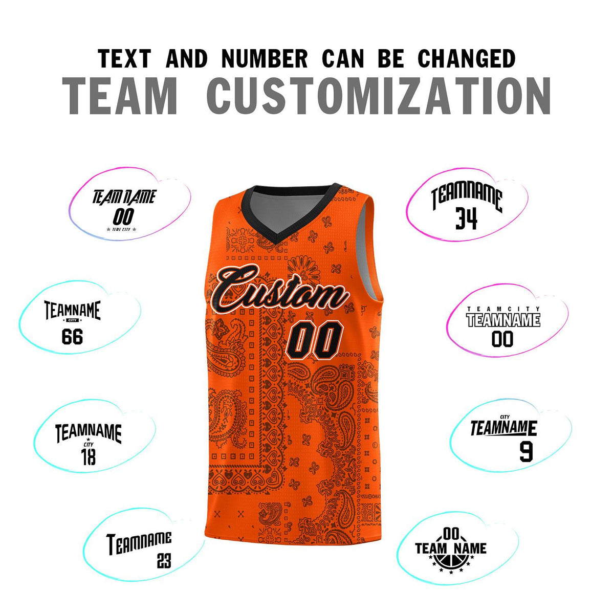 Custom Orange Basketball Kits With Black Cashew Flower Print Pattern
