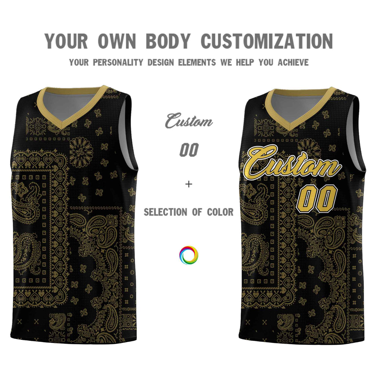 Custom Black Basketball Kits With Old Gold Cashew Flower Print Pattern