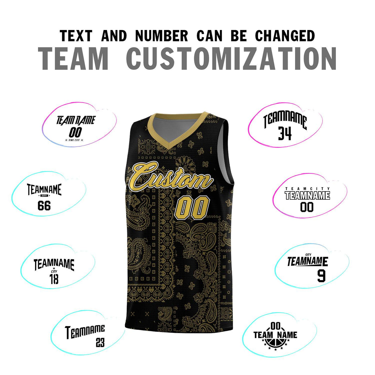 Custom Black Basketball Kits With Old Gold Cashew Flower Print Pattern