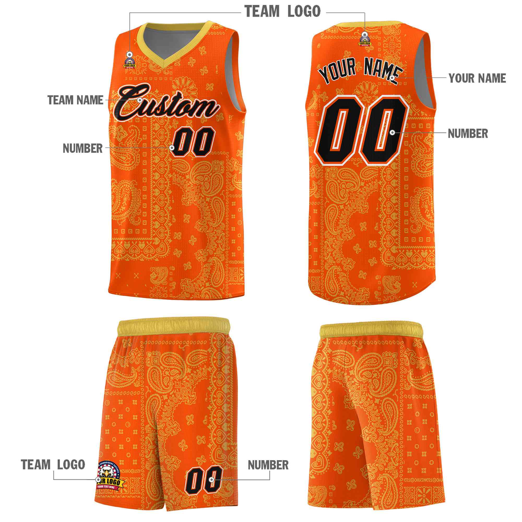 Custom Orange Basketball Kits With Old Gold Cashew Flower Print Pattern