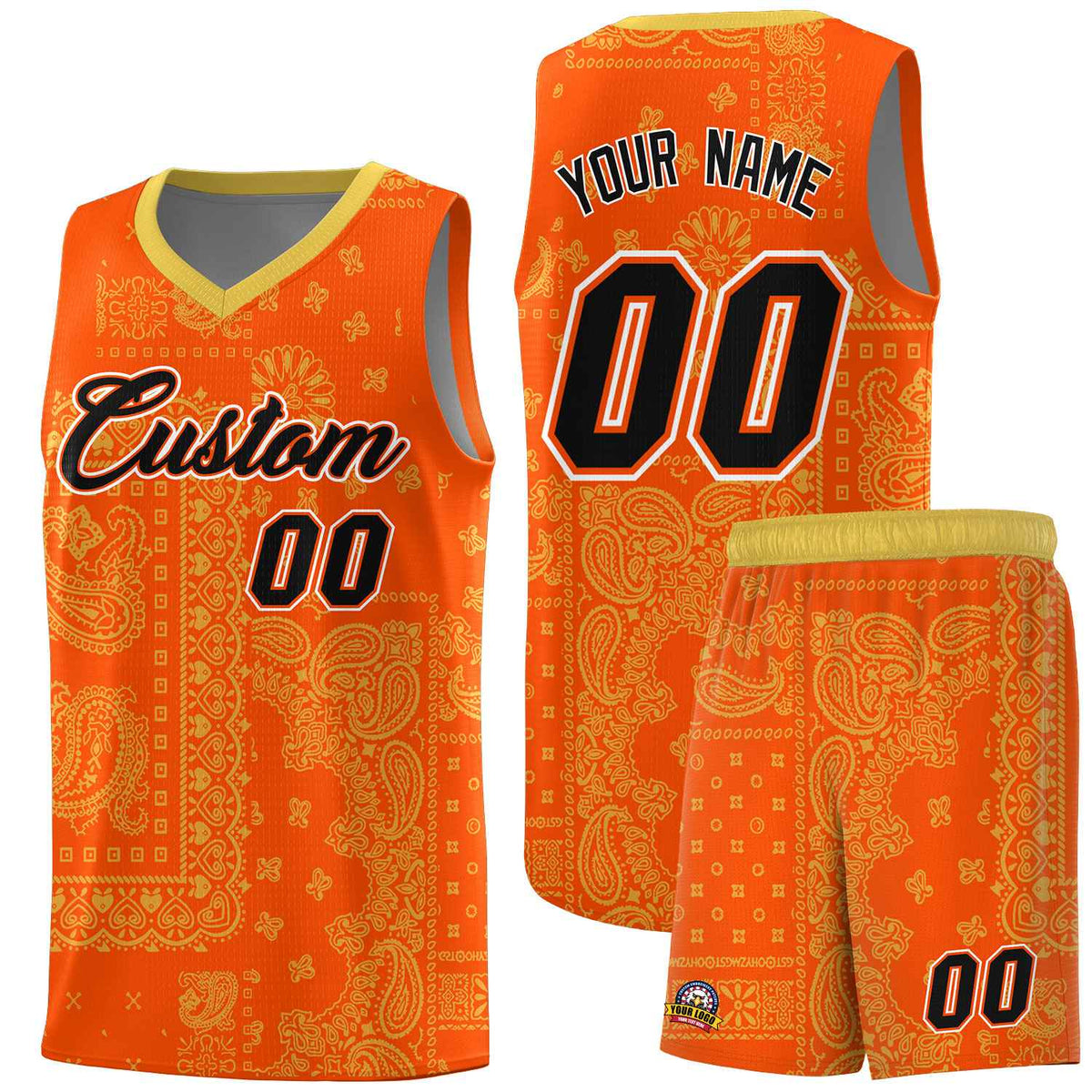 Custom Orange Basketball Kits With Old Gold Cashew Flower Print Pattern