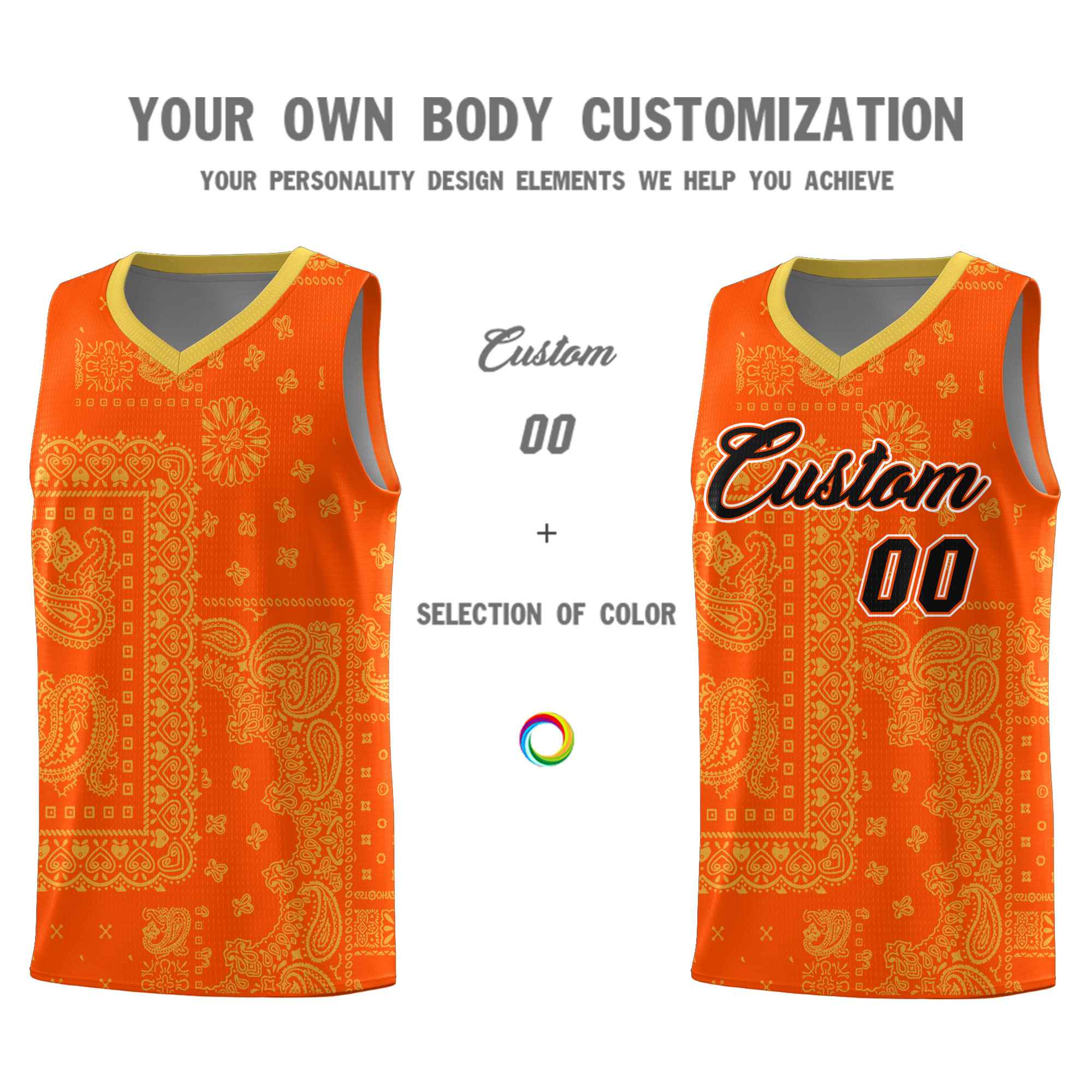 Custom Orange Basketball Kits With Old Gold Cashew Flower Print Pattern