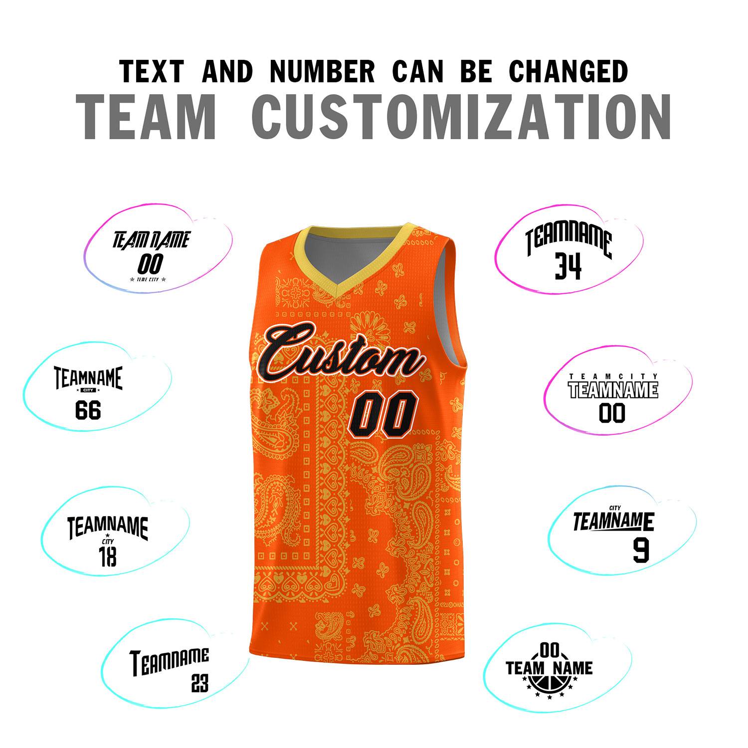 Custom Orange Basketball Kits With Old Gold Cashew Flower Print Pattern
