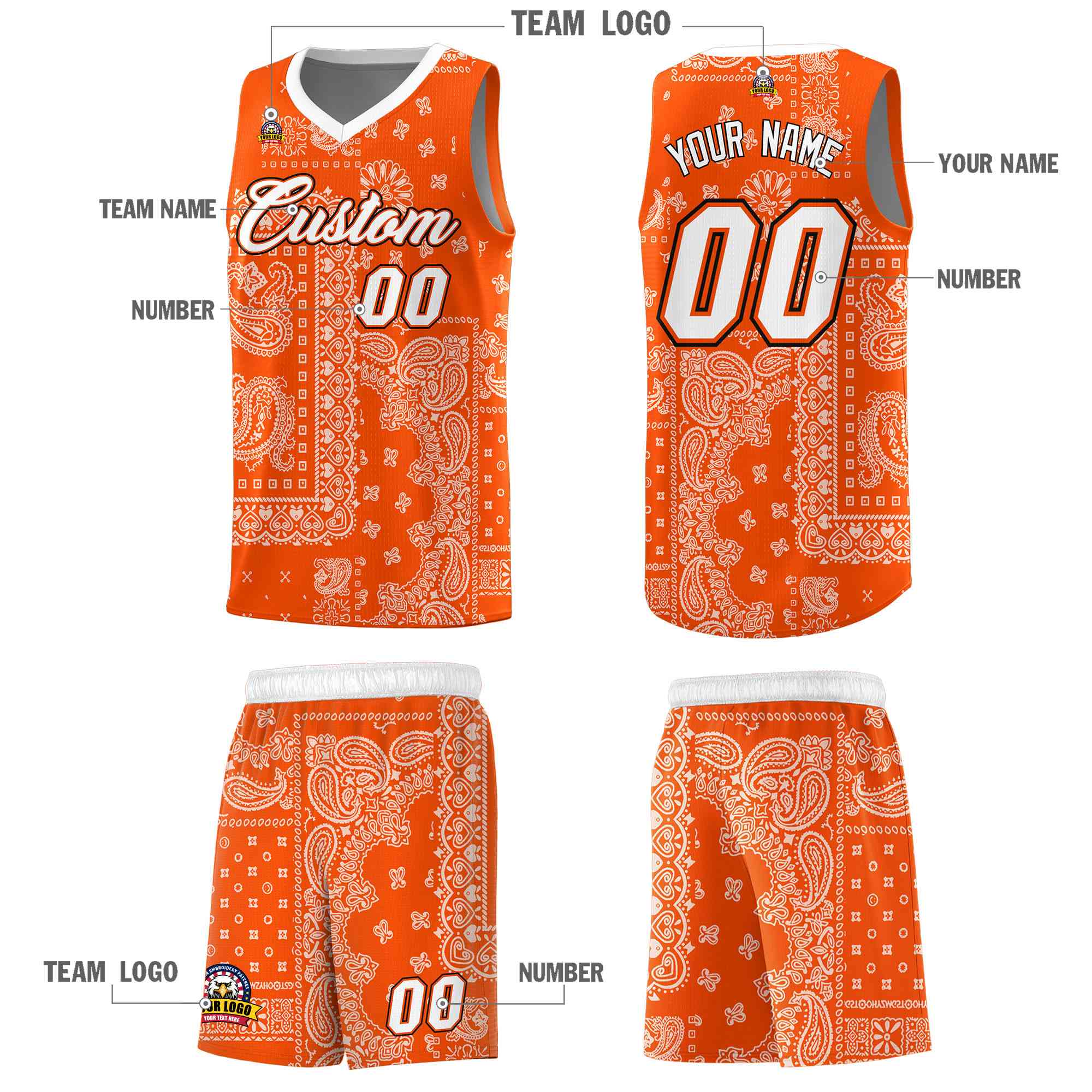 Custom Orange Basketball Kits With White Cashew Flower Print Pattern