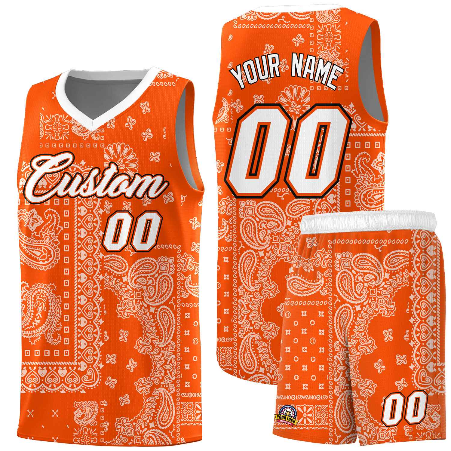 Custom Orange Basketball Kits With White Cashew Flower Print Pattern