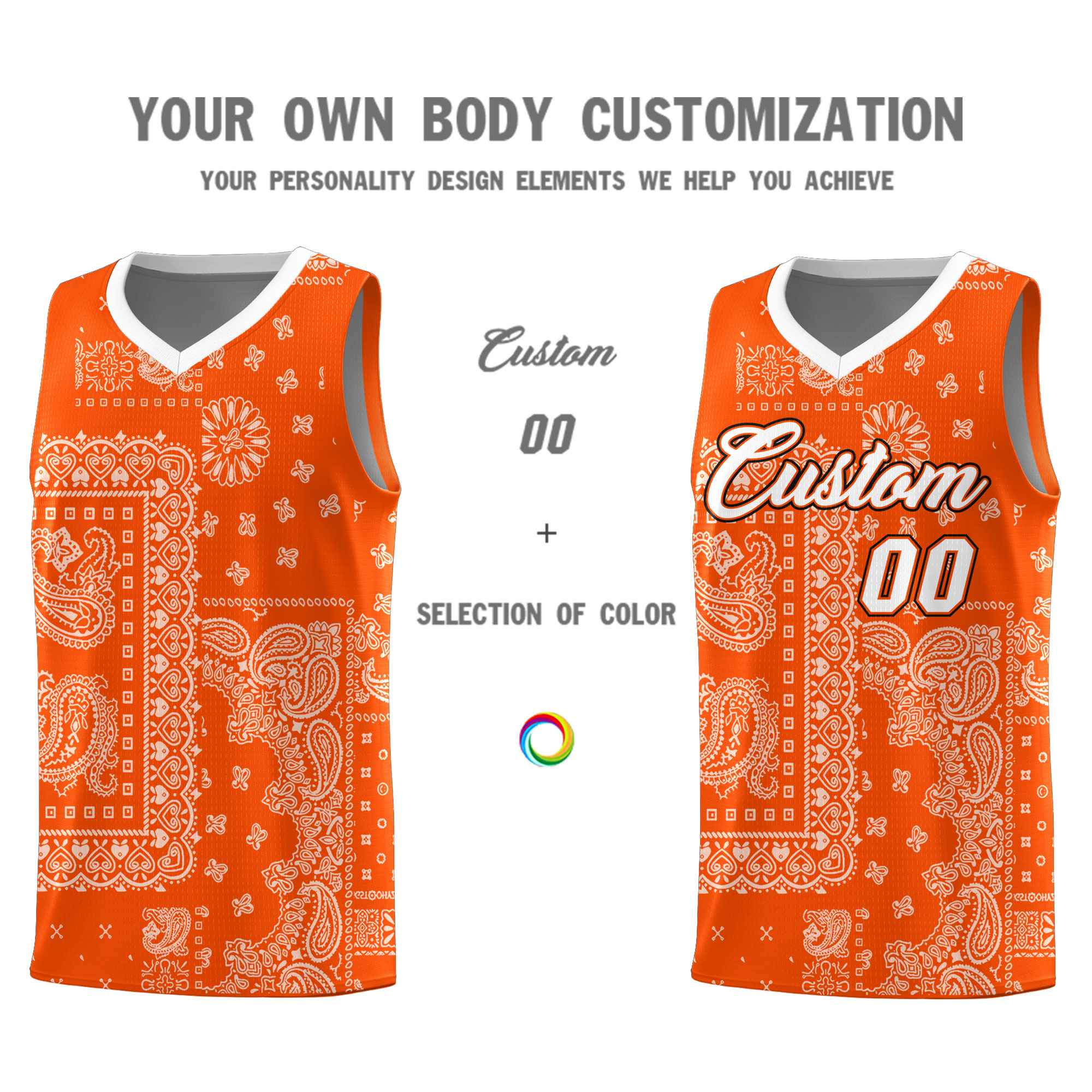 Custom Orange Basketball Kits With White Cashew Flower Print Pattern