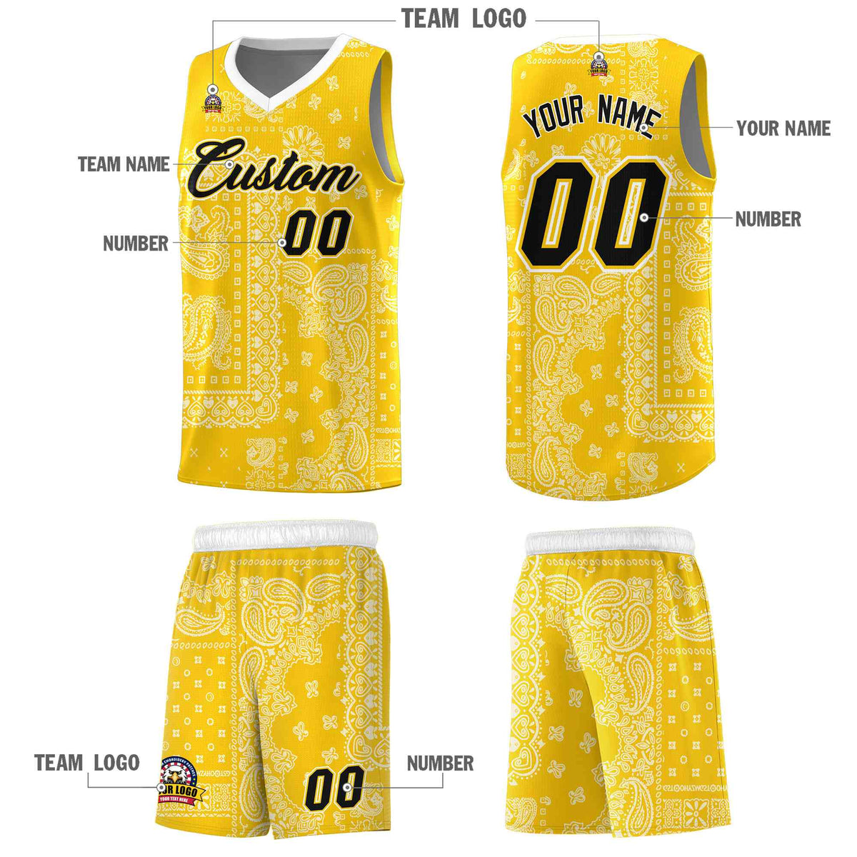Custom Gold Basketball Kits With White Cashew Flower Print Pattern