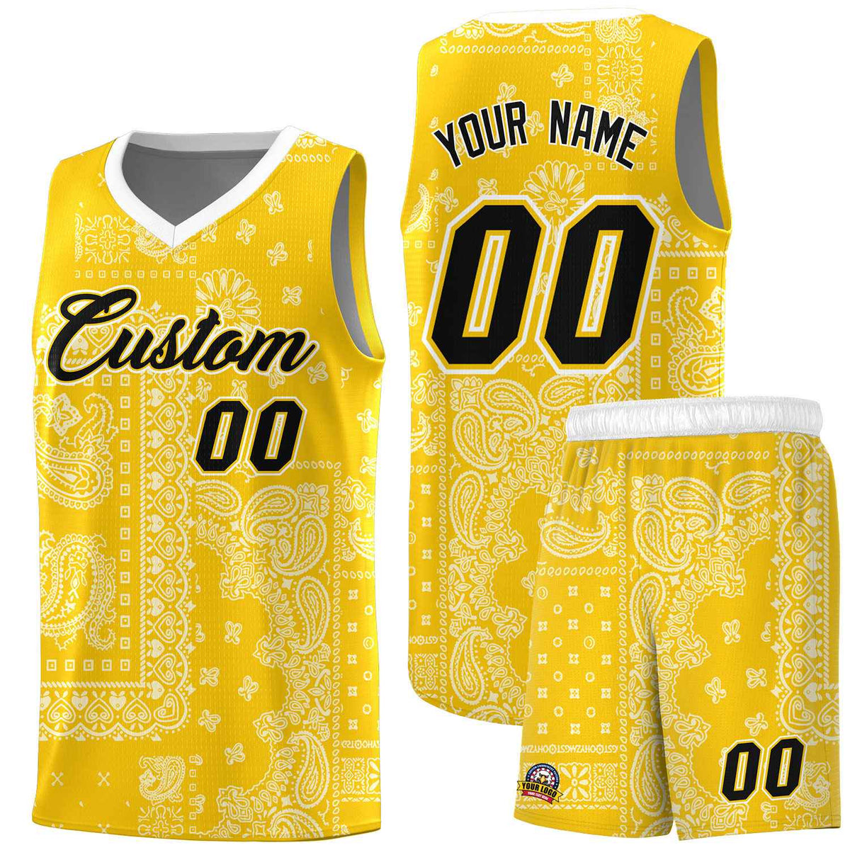 Custom Gold Basketball Kits With White Cashew Flower Print Pattern