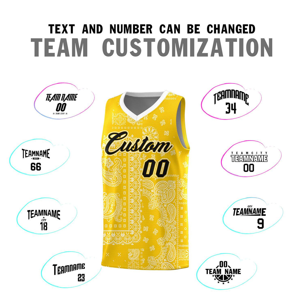 Custom Gold Basketball Kits With White Cashew Flower Print Pattern