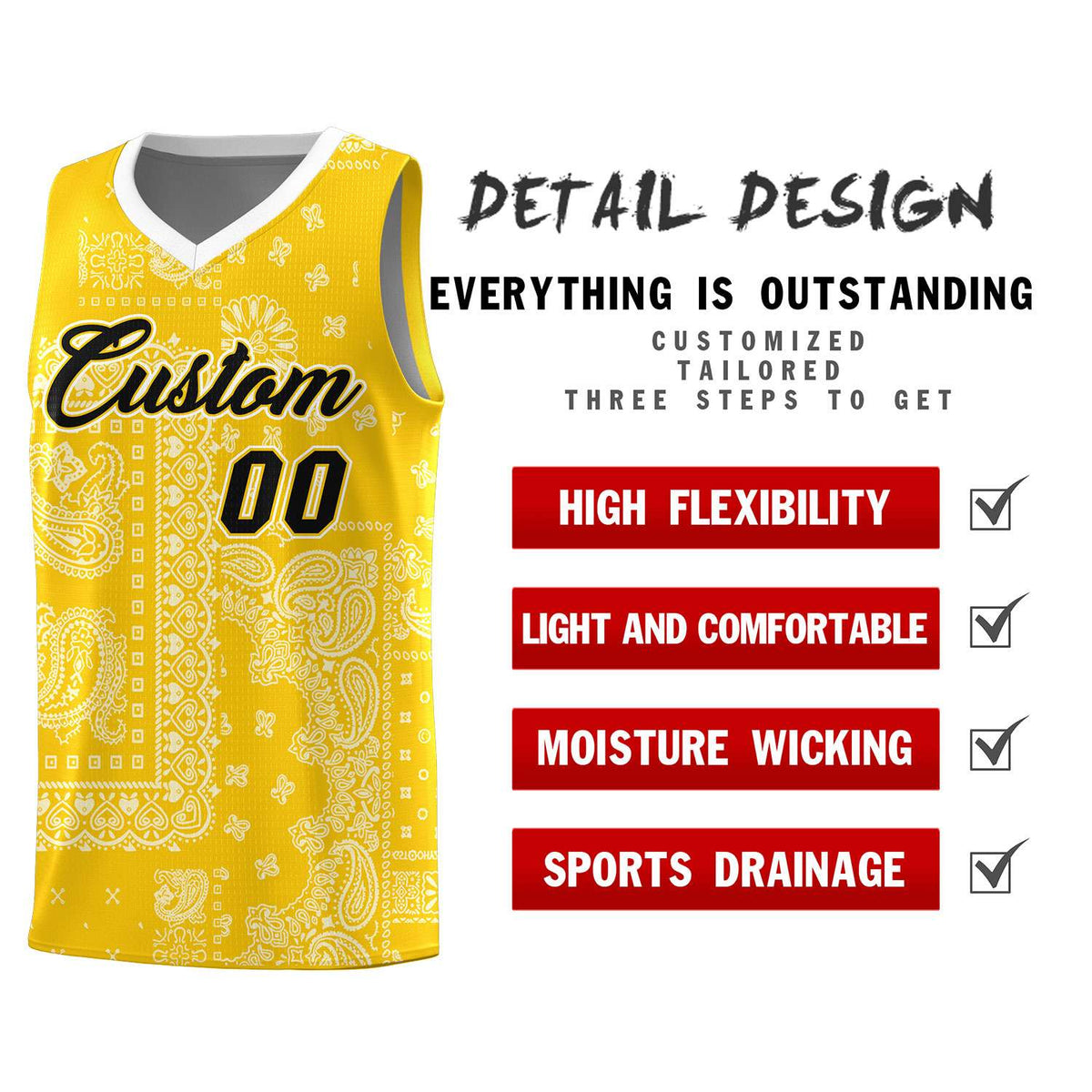 Custom Gold Basketball Kits With White Cashew Flower Print Pattern