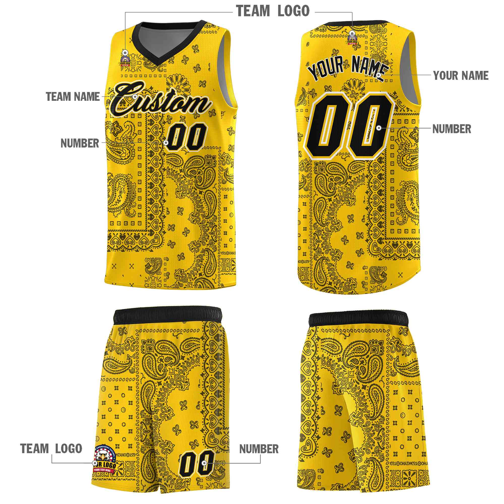 Custom Gold Basketball Kits With Black Cashew Flower Print Pattern