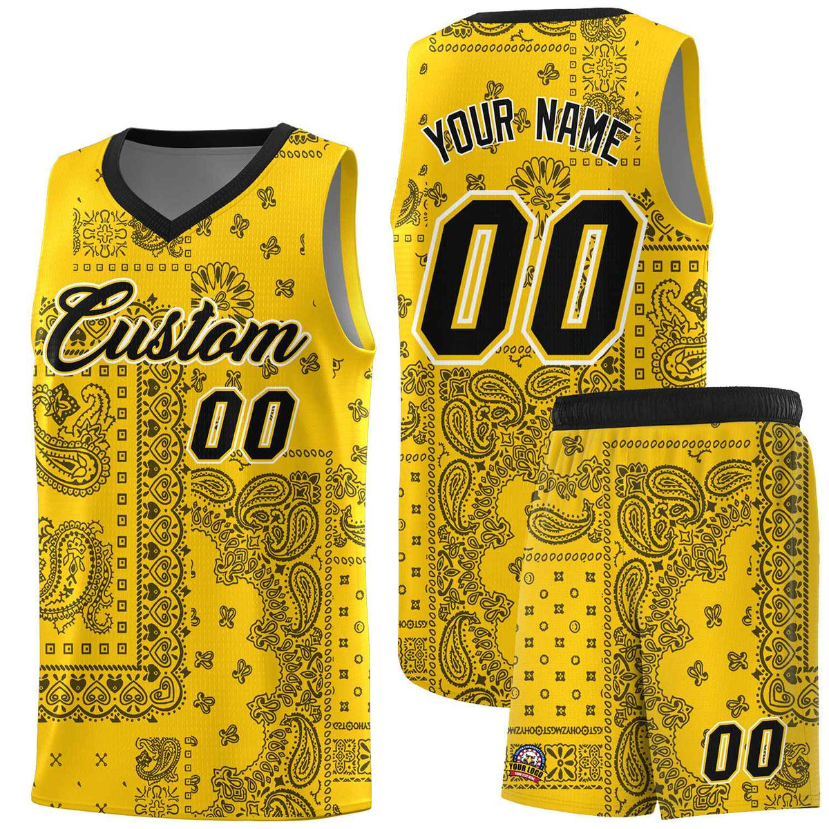 Custom Gold Basketball Kits With Black Cashew Flower Print Pattern