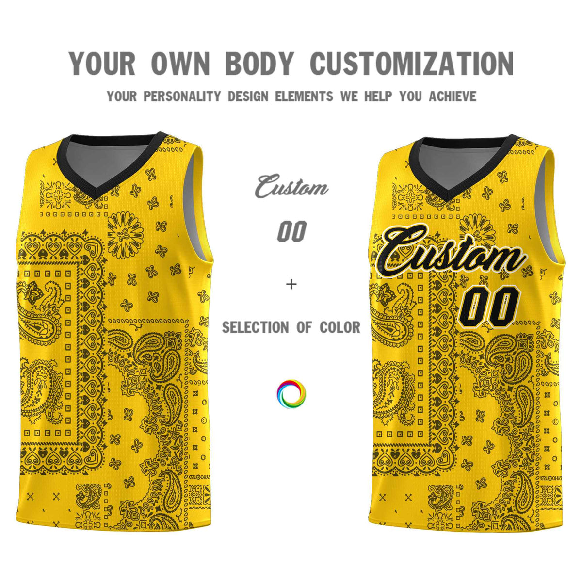 Custom Gold Basketball Kits With Black Cashew Flower Print Pattern