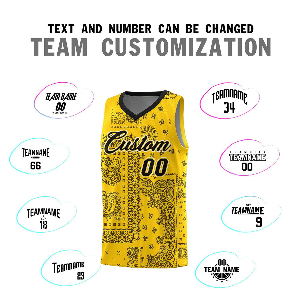Custom Gold Basketball Kits With Black Cashew Flower Print Pattern