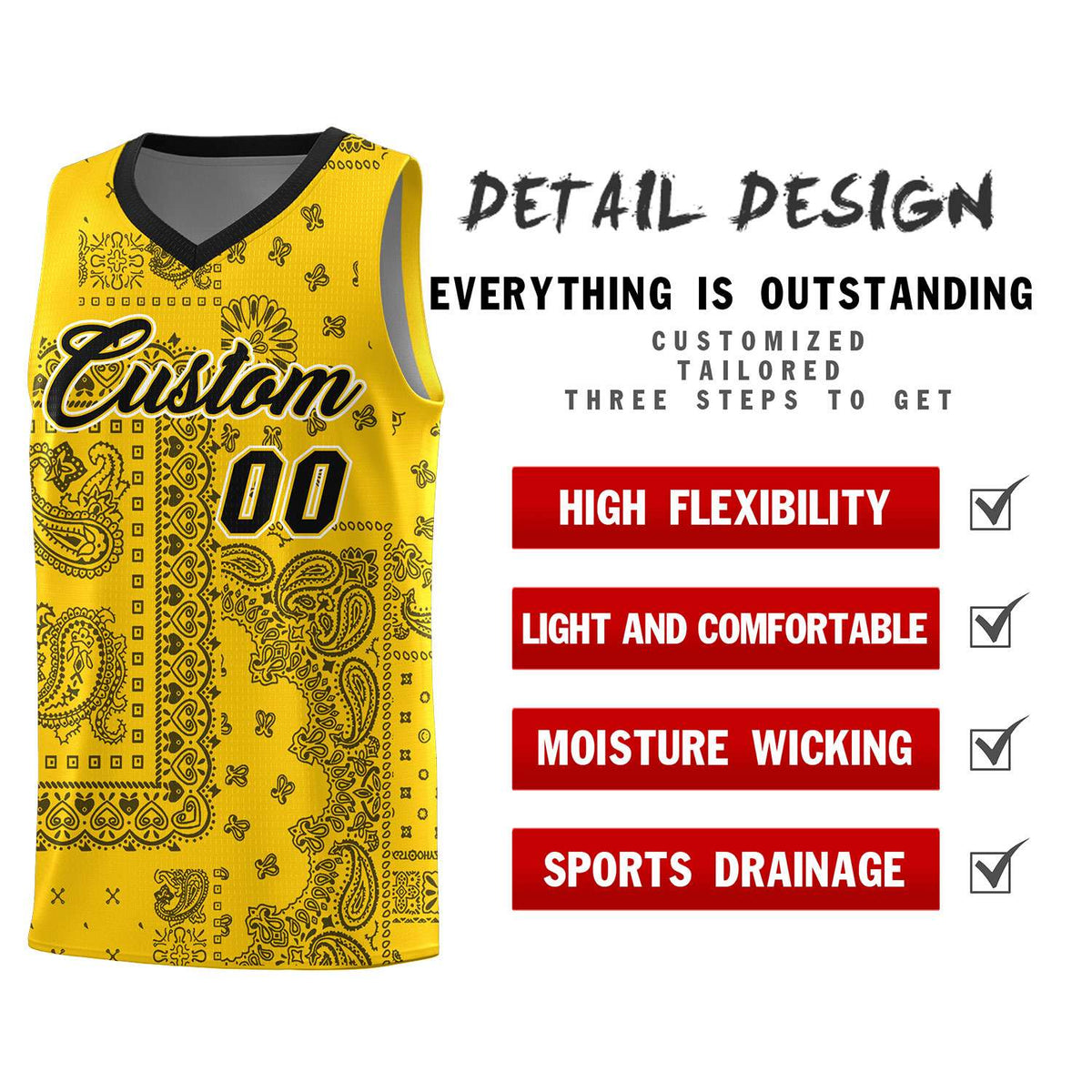 Custom Gold Basketball Kits With Black Cashew Flower Print Pattern