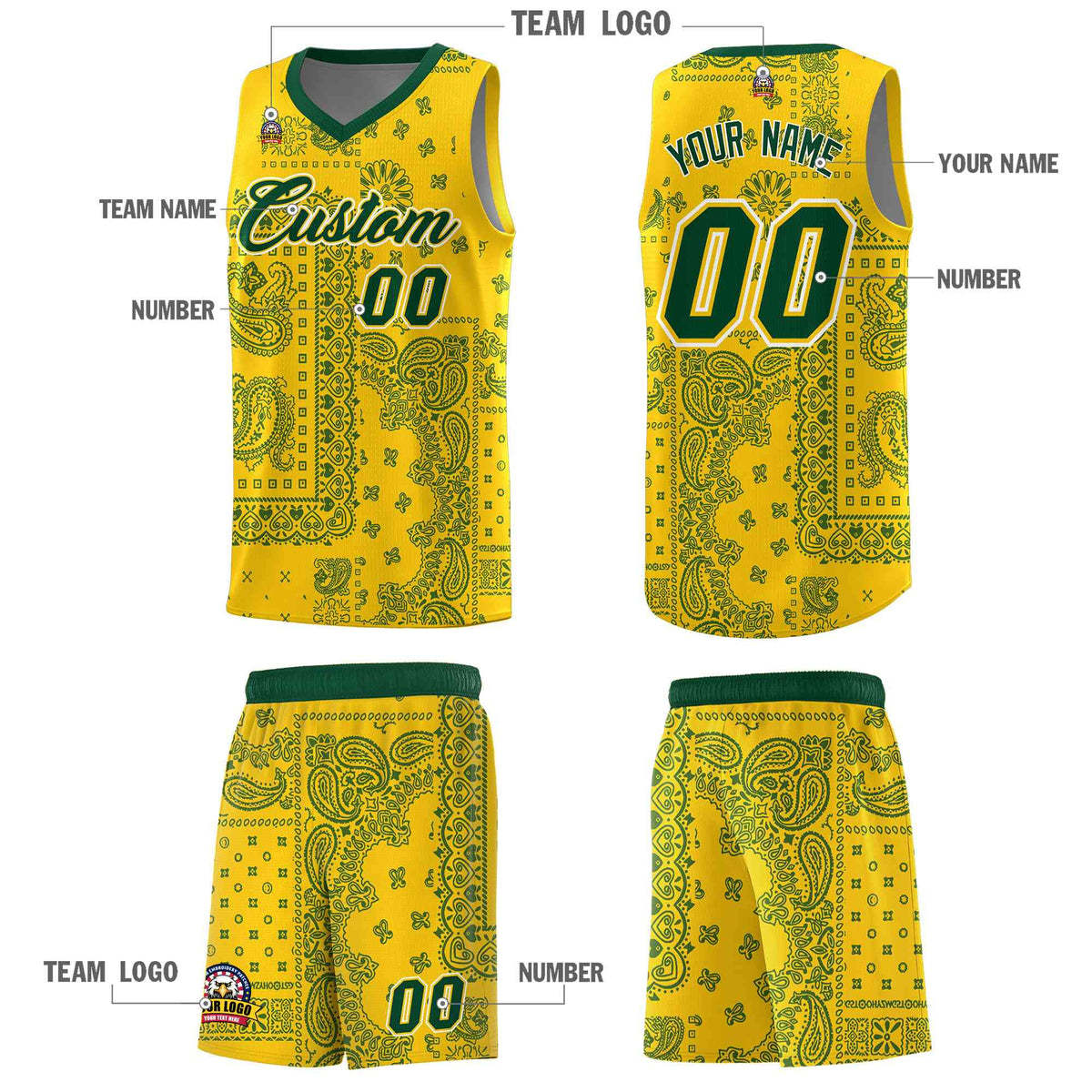 Custom Gold Basketball Kits With Kelly Green Cashew Flower Print Pattern
