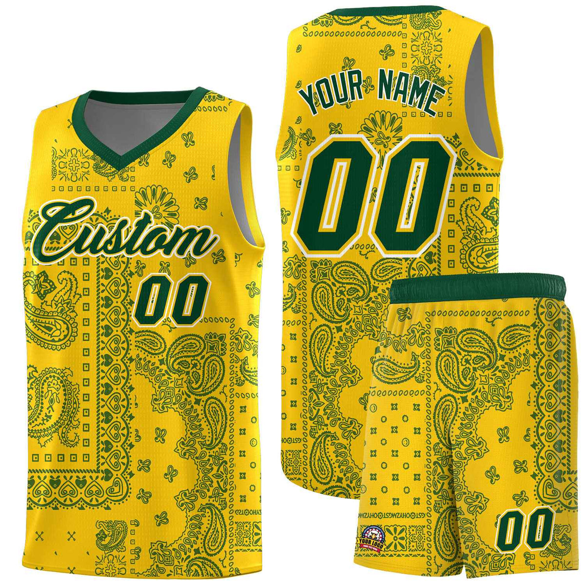 Custom Gold Basketball Kits With Kelly Green Cashew Flower Print Pattern