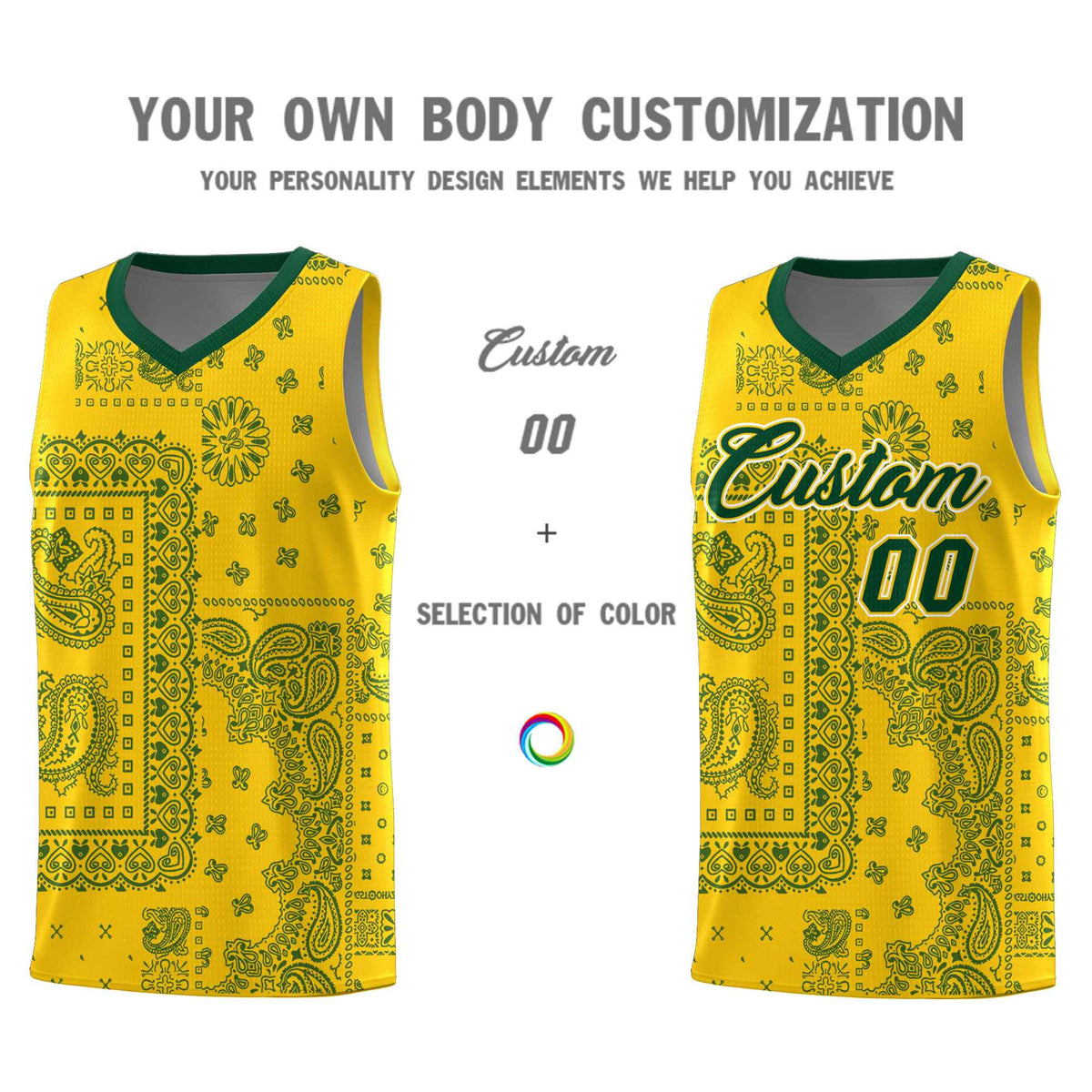 Custom Gold Basketball Kits With Kelly Green Cashew Flower Print Pattern