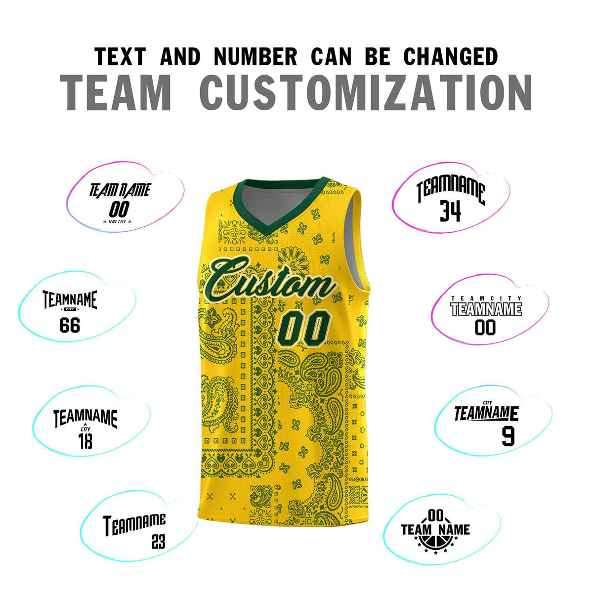 Custom Gold Basketball Kits With Kelly Green Cashew Flower Print Pattern