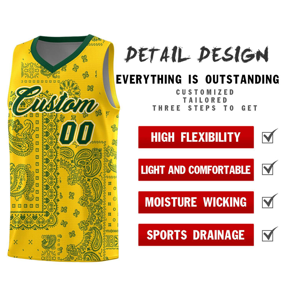 Custom Gold Basketball Kits With Kelly Green Cashew Flower Print Pattern