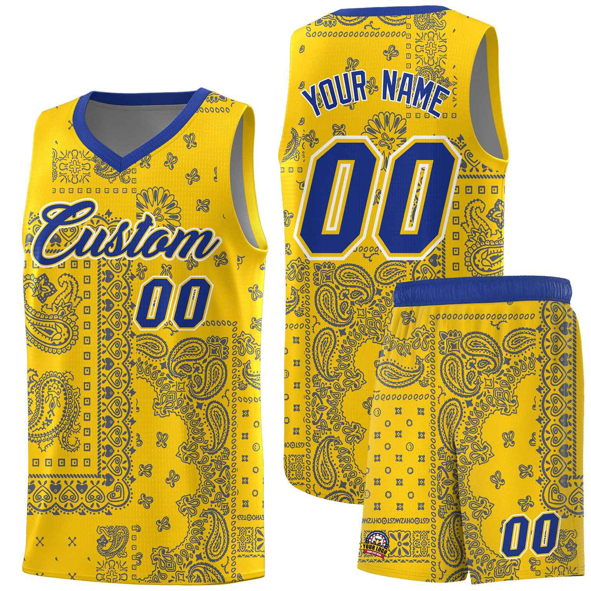 Custom Gold Basketball Kits With Royal Cashew Flower Print Pattern