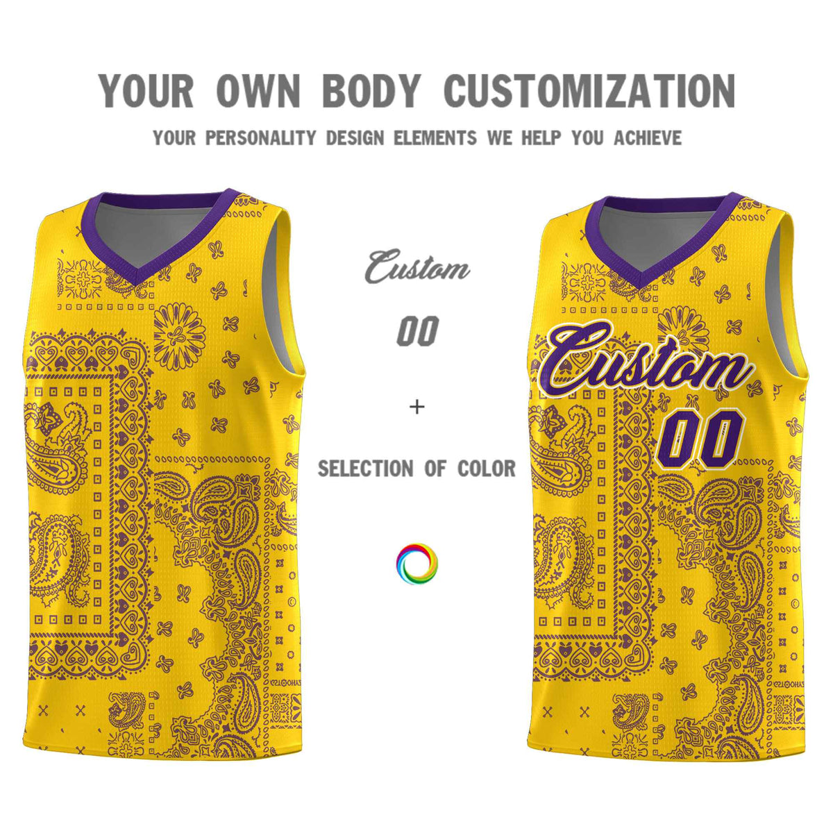 Custom Gold Basketball Kits With Purple Cashew Flower Print Pattern