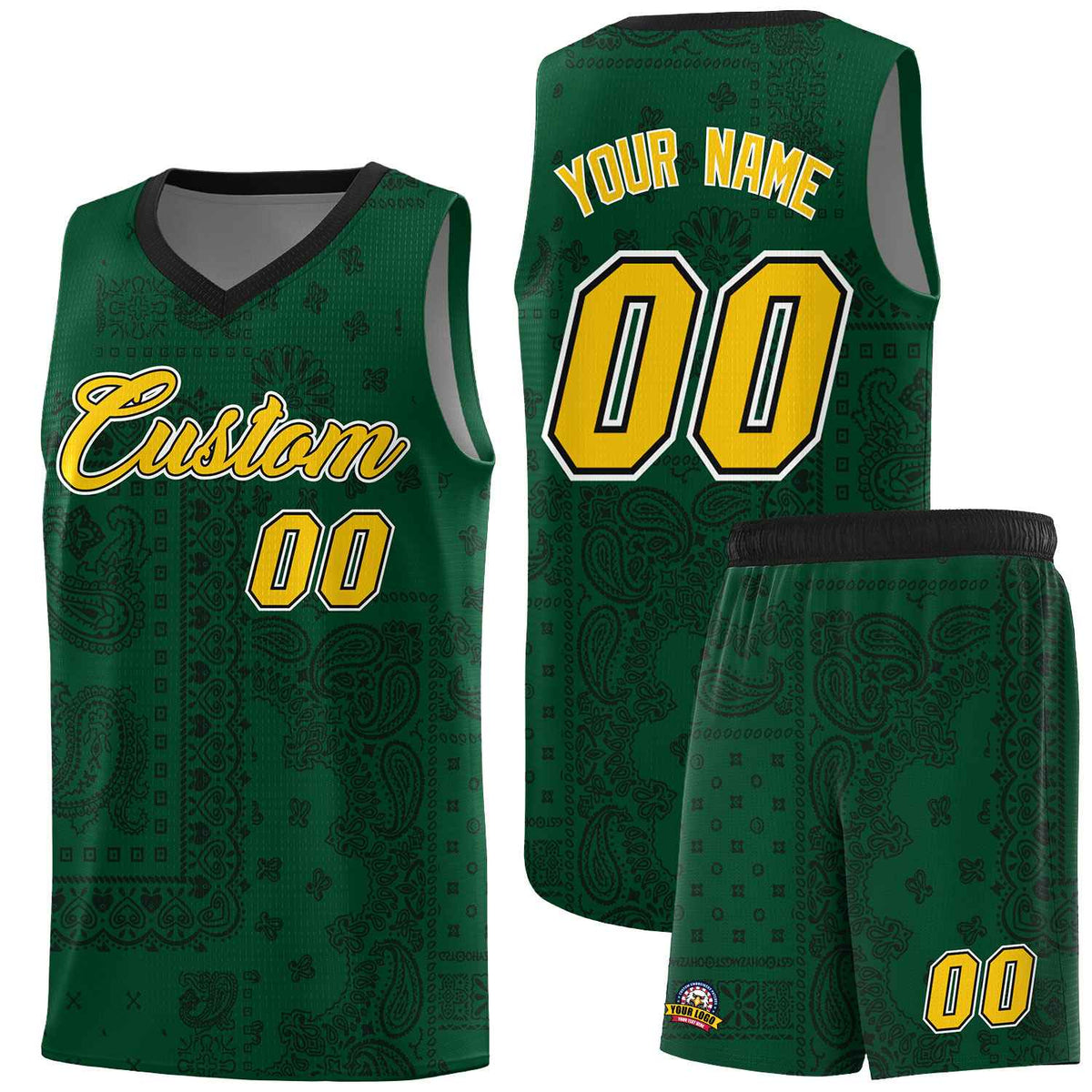 Custom Green Basketball Kits With Black Cashew Flower Print Pattern