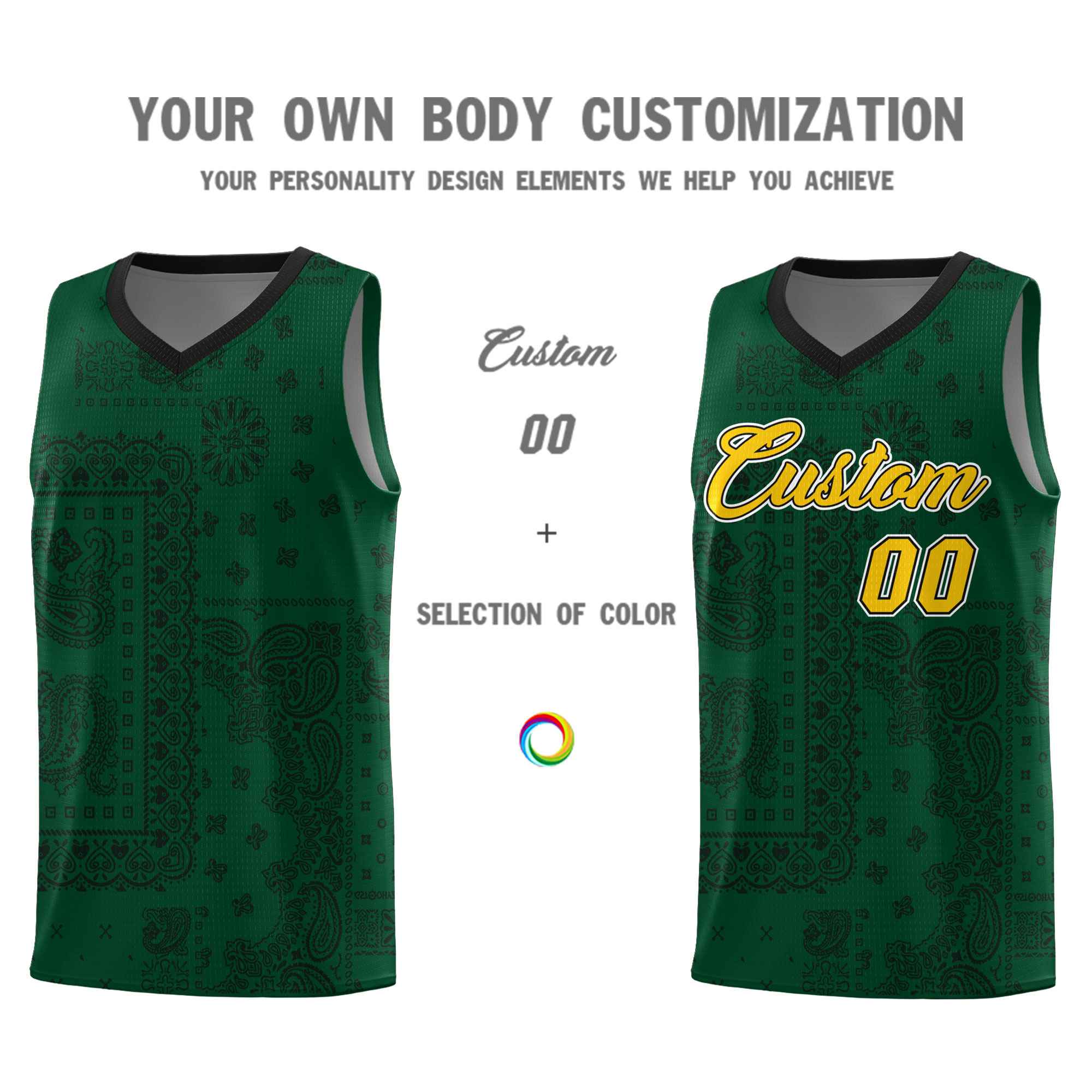 Custom Green Basketball Kits With Black Cashew Flower Print Pattern