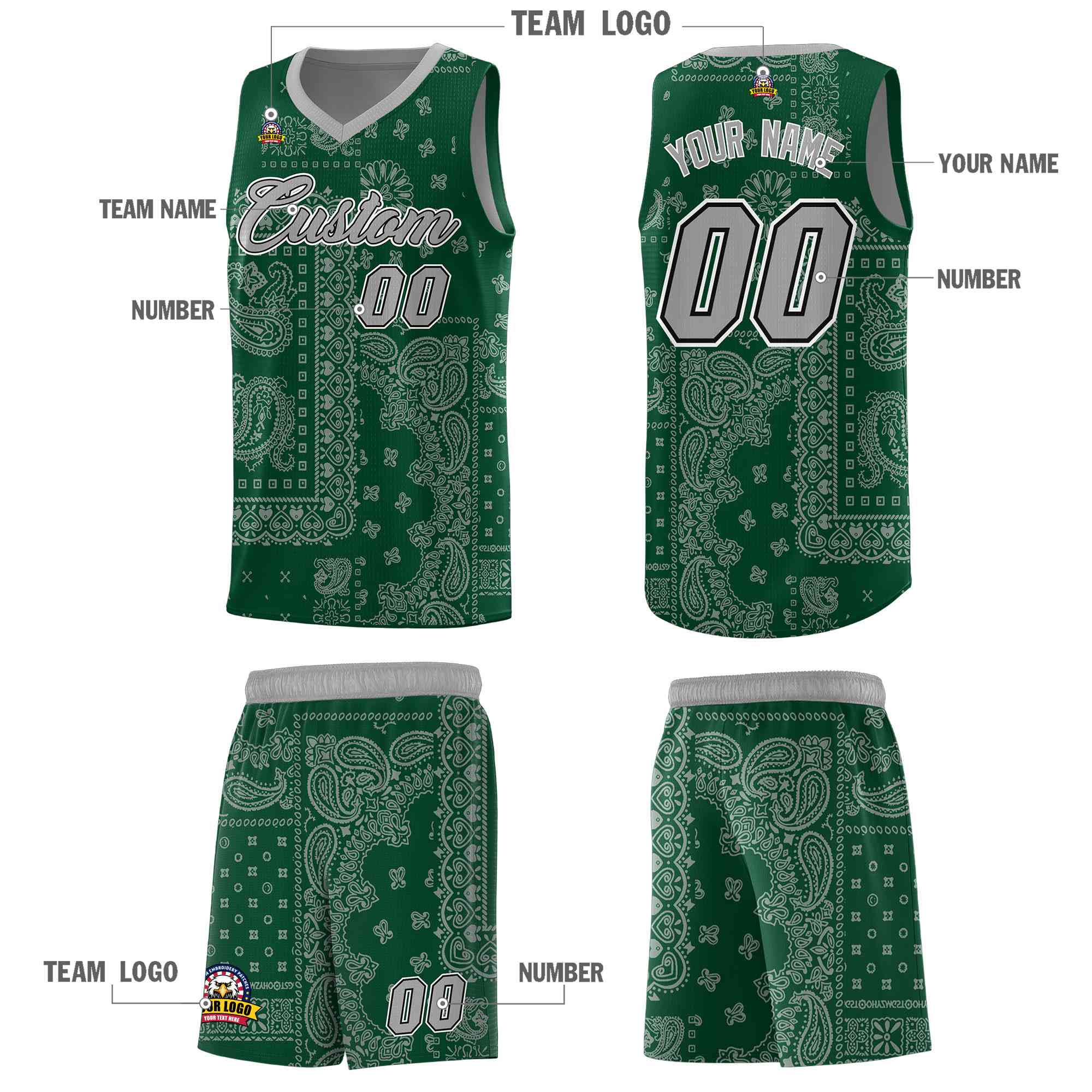 Custom Green Basketball Kits With Silver Gray Cashew Flower Print Pattern