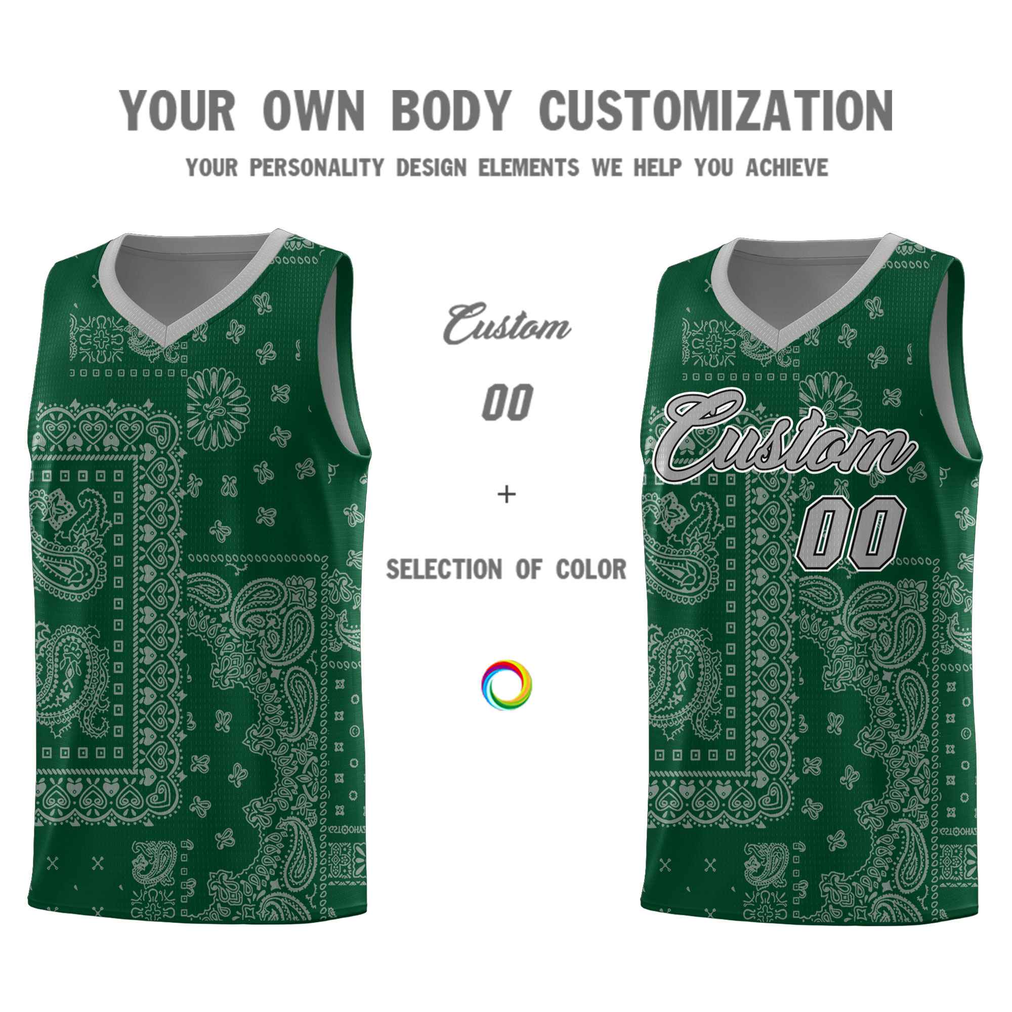 Custom Green Basketball Kits With Silver Gray Cashew Flower Print Pattern