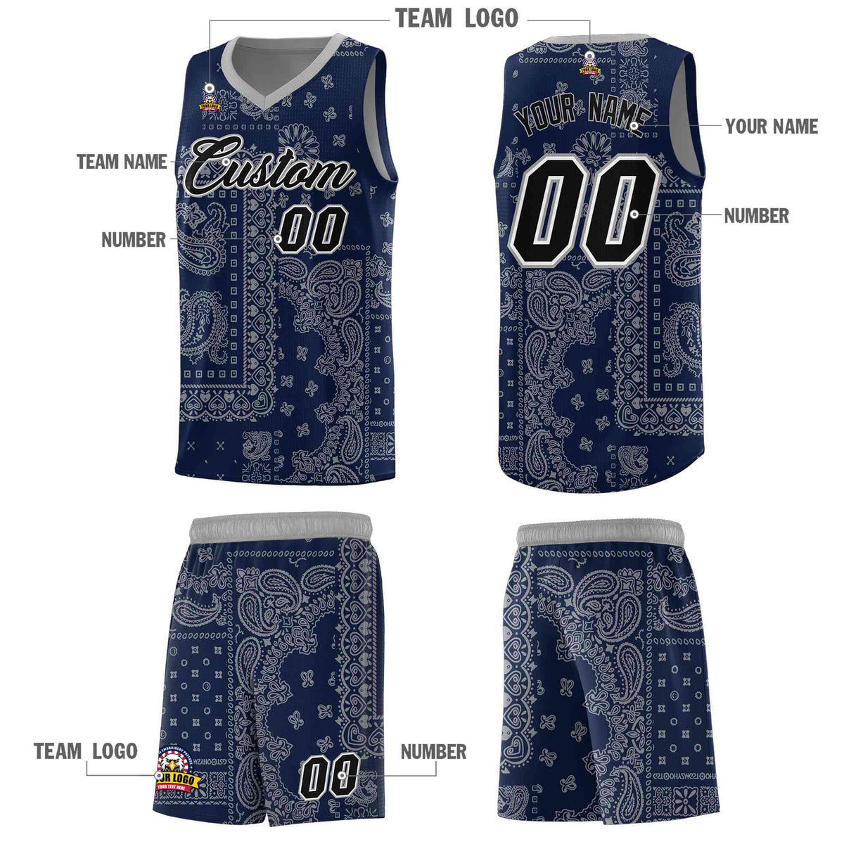 Custom Navy Basketball Kits With Silver Gray Cashew Flower Print Pattern