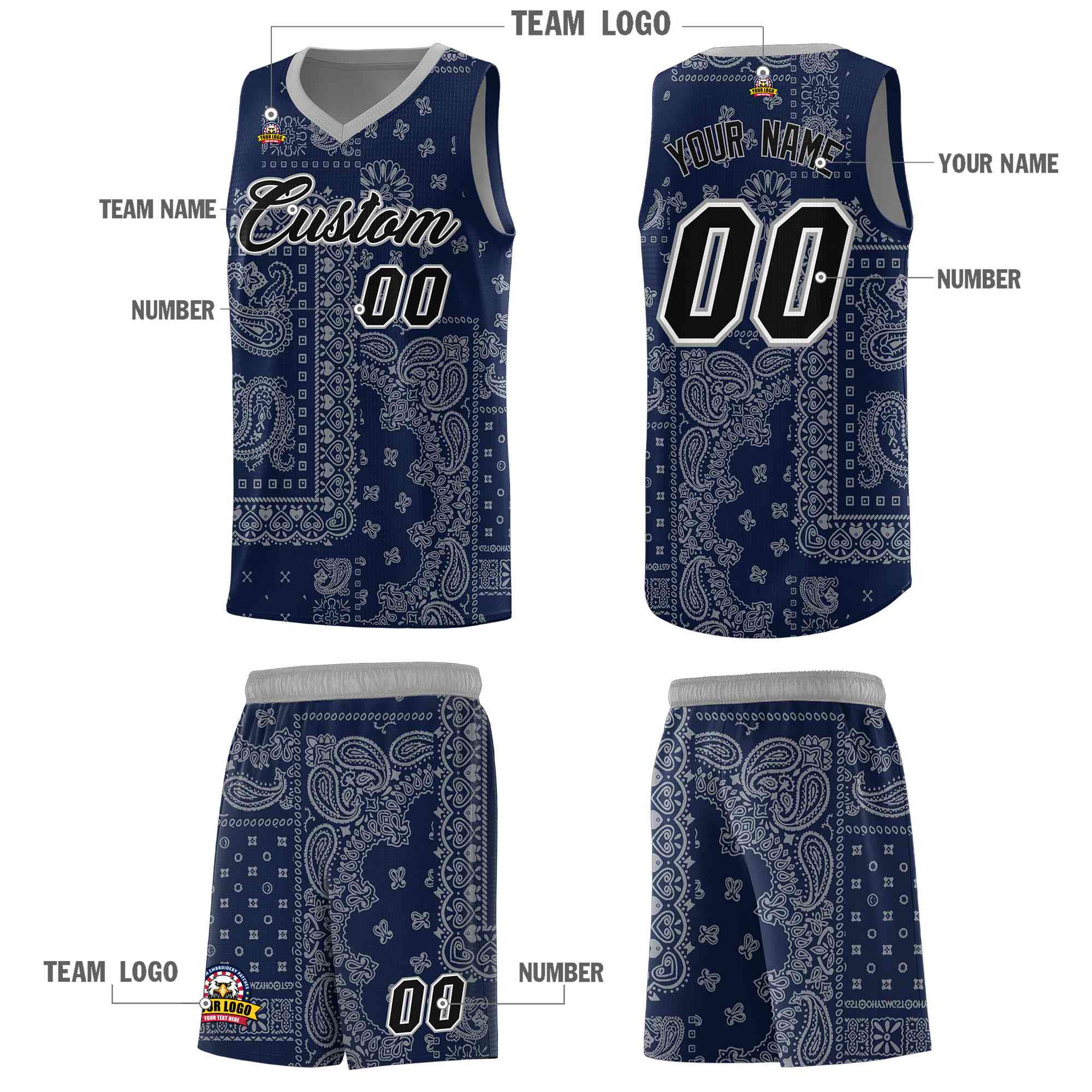 Custom Navy Basketball Kits With Silver Gray Cashew Flower Print Pattern