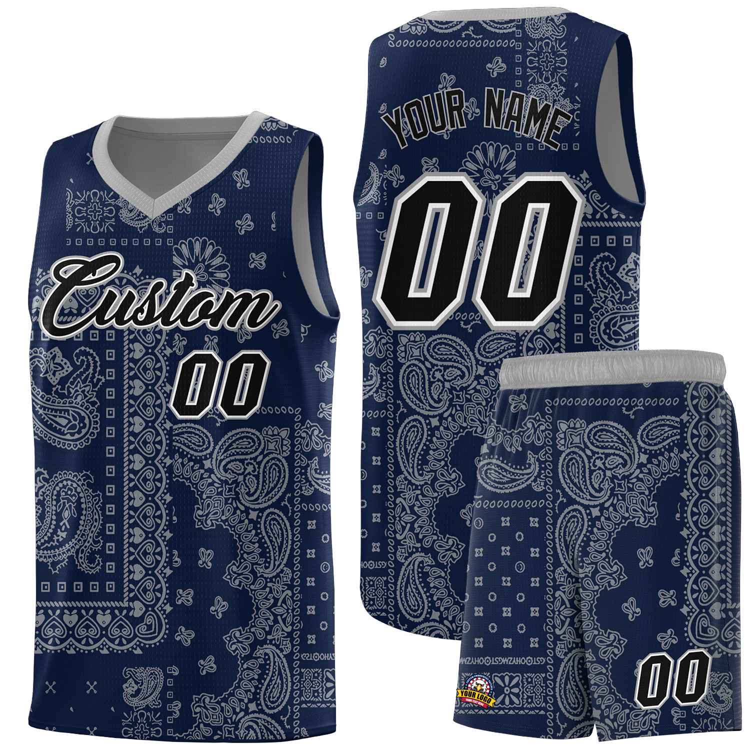 Custom Navy Basketball Kits With Silver Gray Cashew Flower Print Pattern
