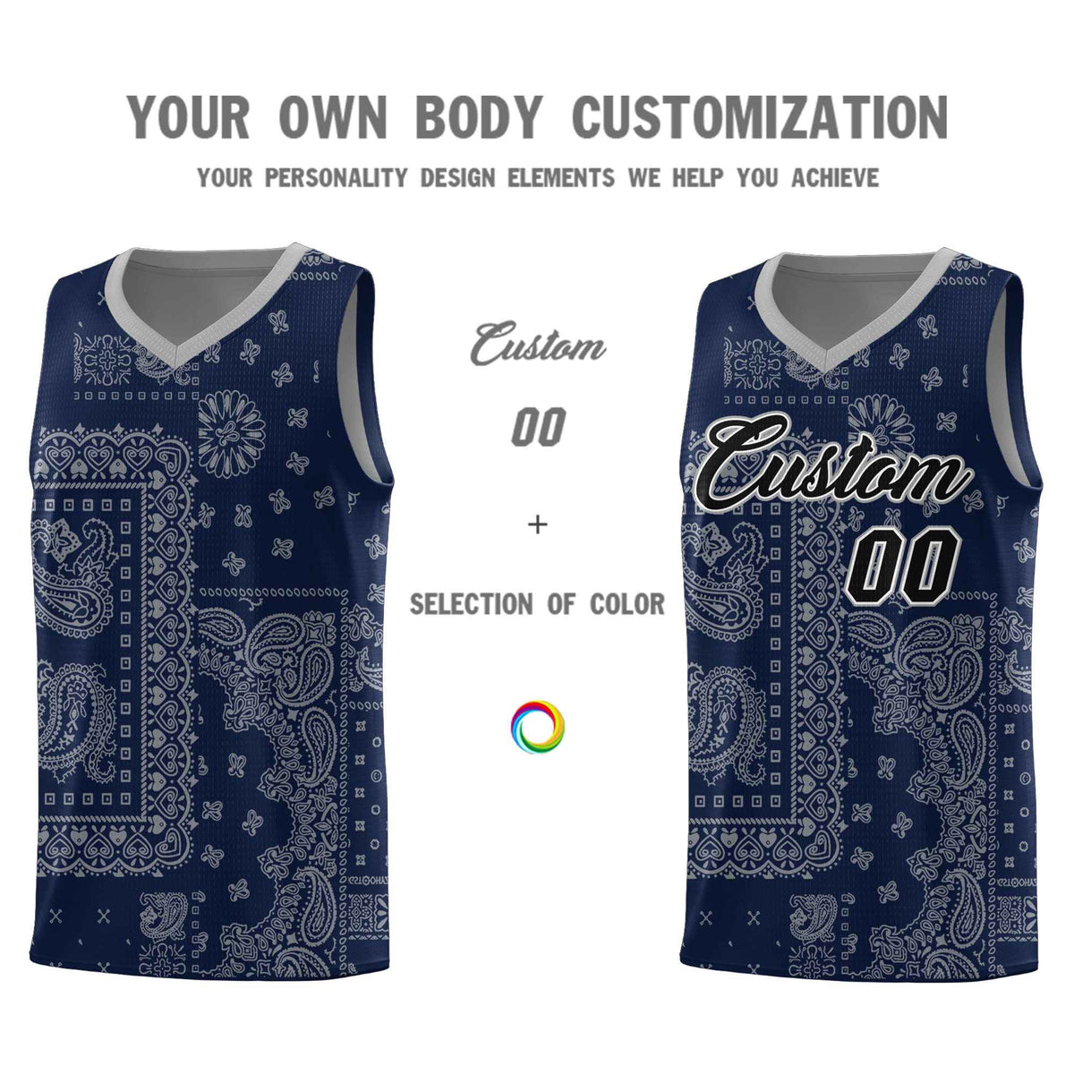 Custom Navy Basketball Kits With Silver Gray Cashew Flower Print Pattern