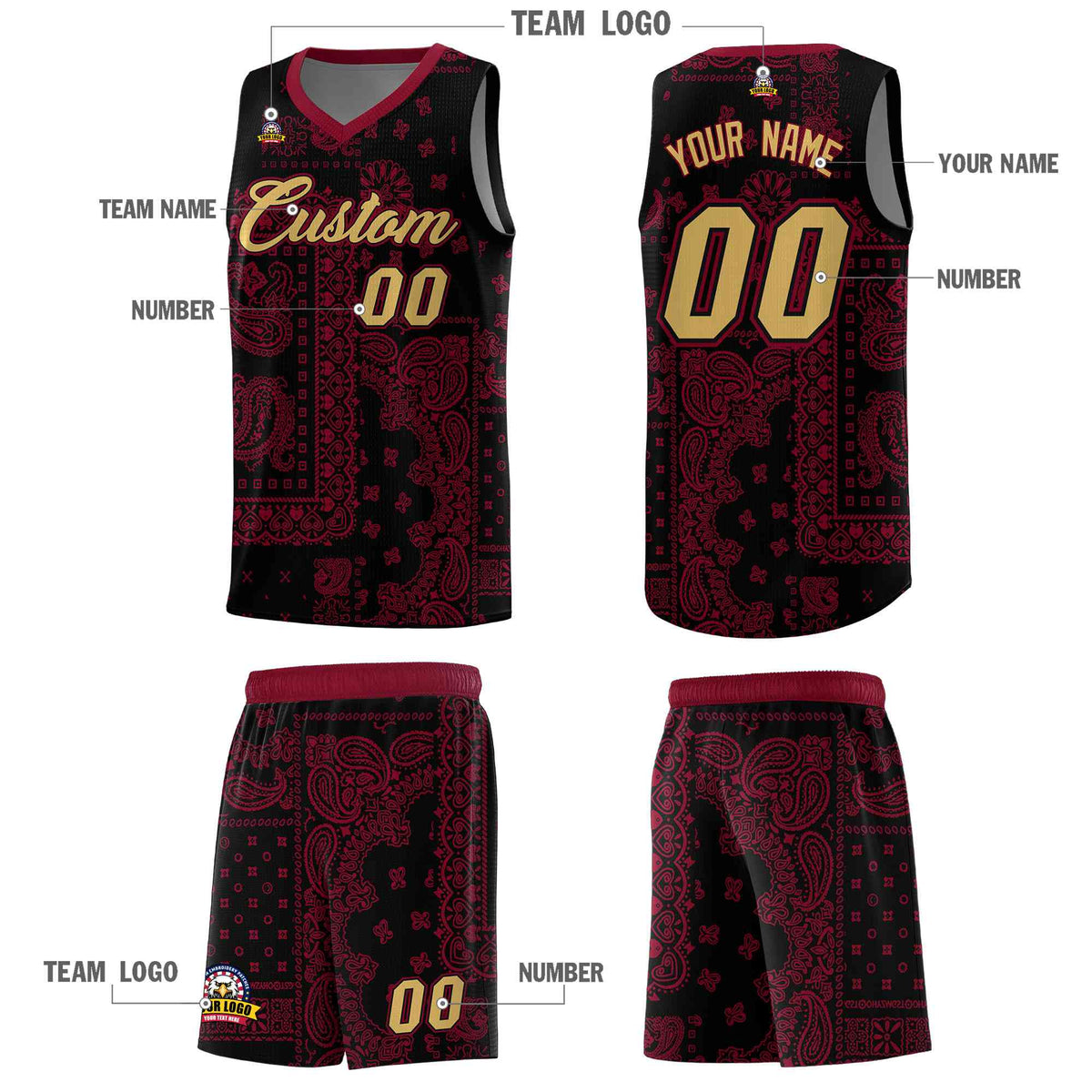 Custom Black Basketball Kits With Crimson Cashew Flower Print Pattern