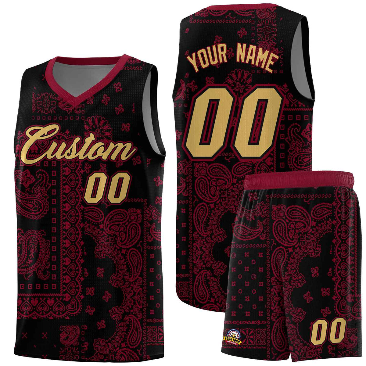 Custom Black Basketball Kits With Crimson Cashew Flower Print Pattern
