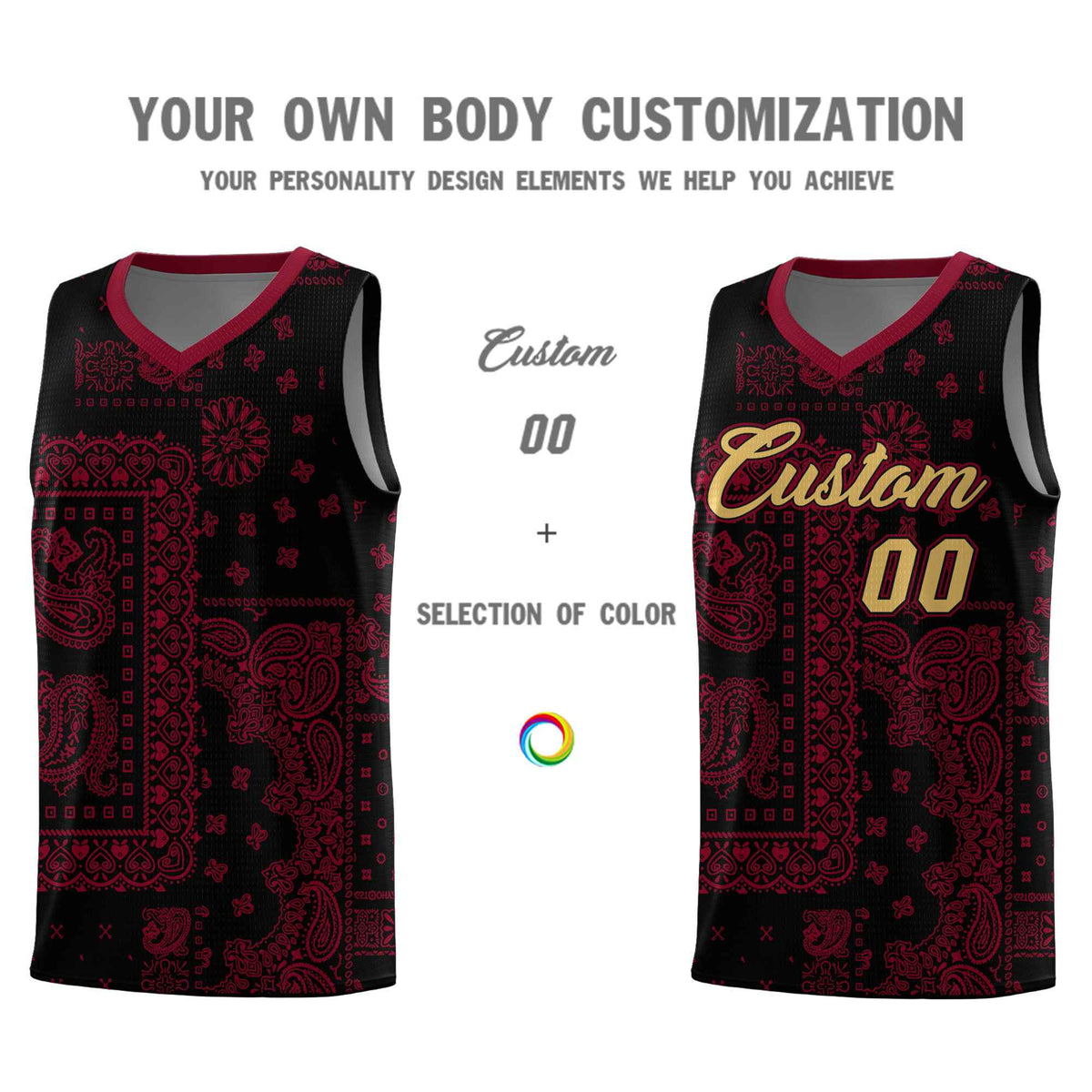 Custom Black Basketball Kits With Crimson Cashew Flower Print Pattern