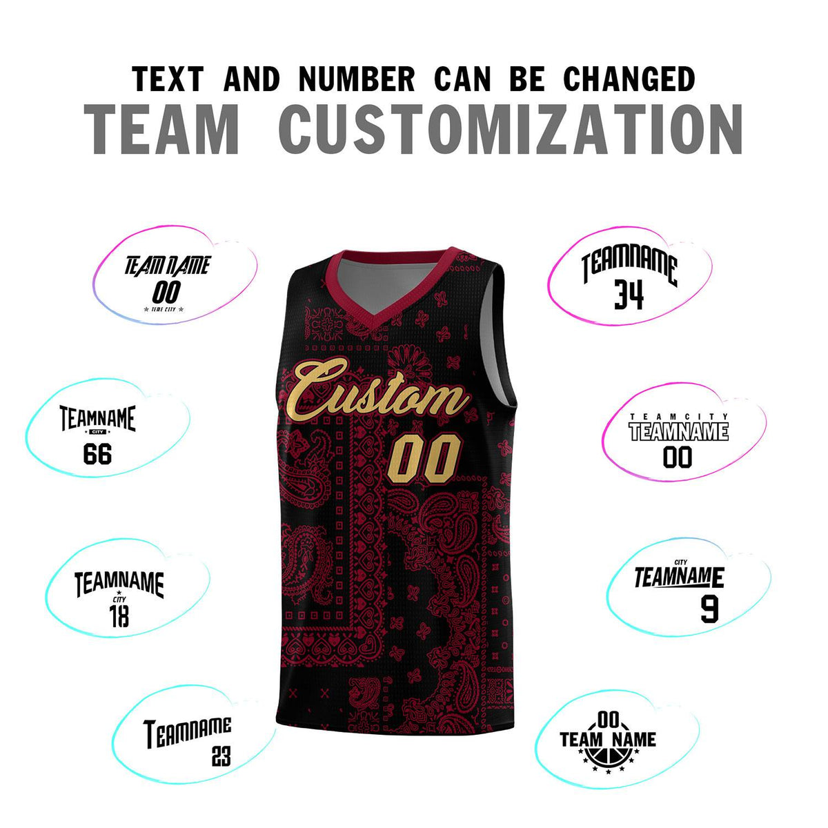 Custom Black Basketball Kits With Crimson Cashew Flower Print Pattern