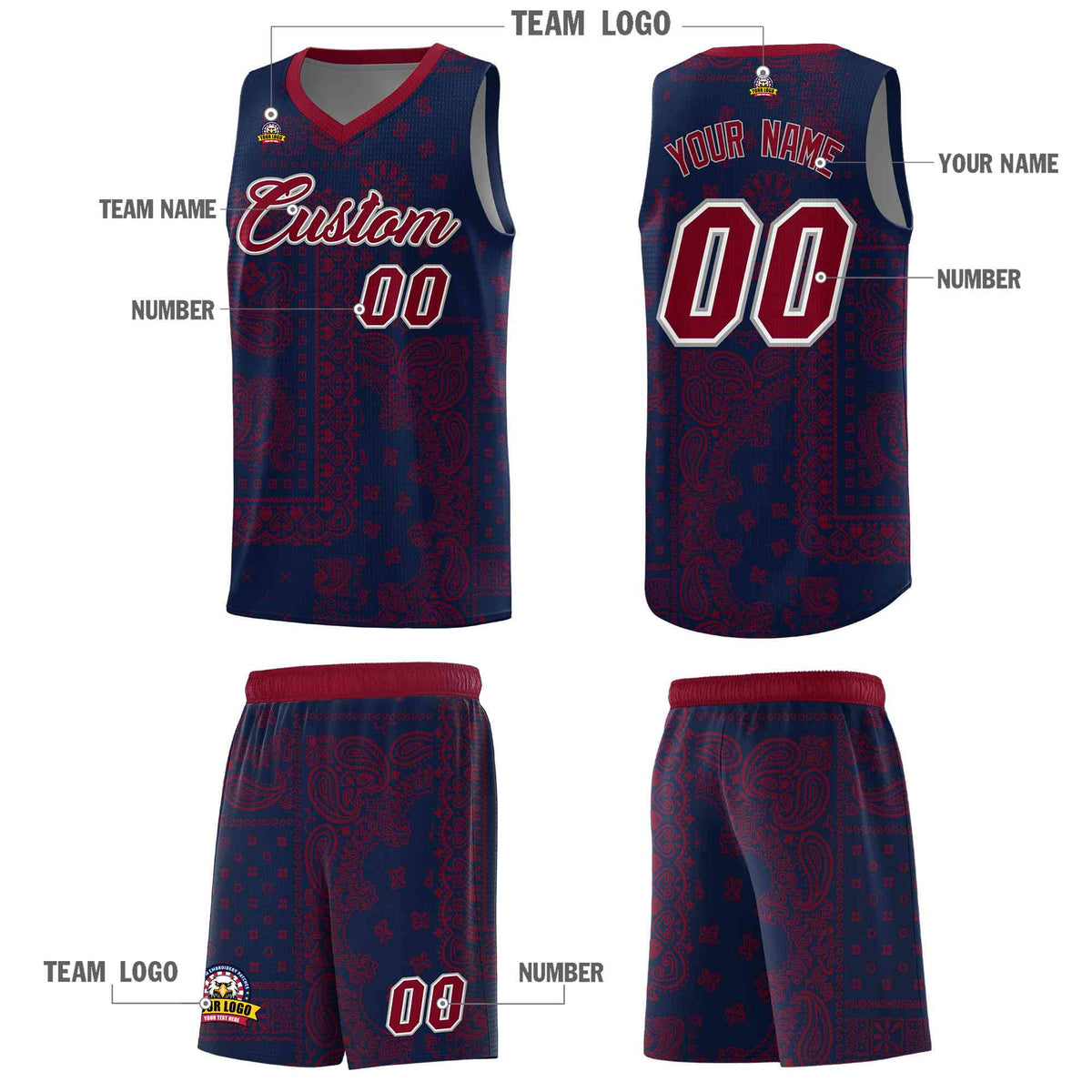 Custom Navy Basketball Kits With Crimson Cashew Flower Print Pattern