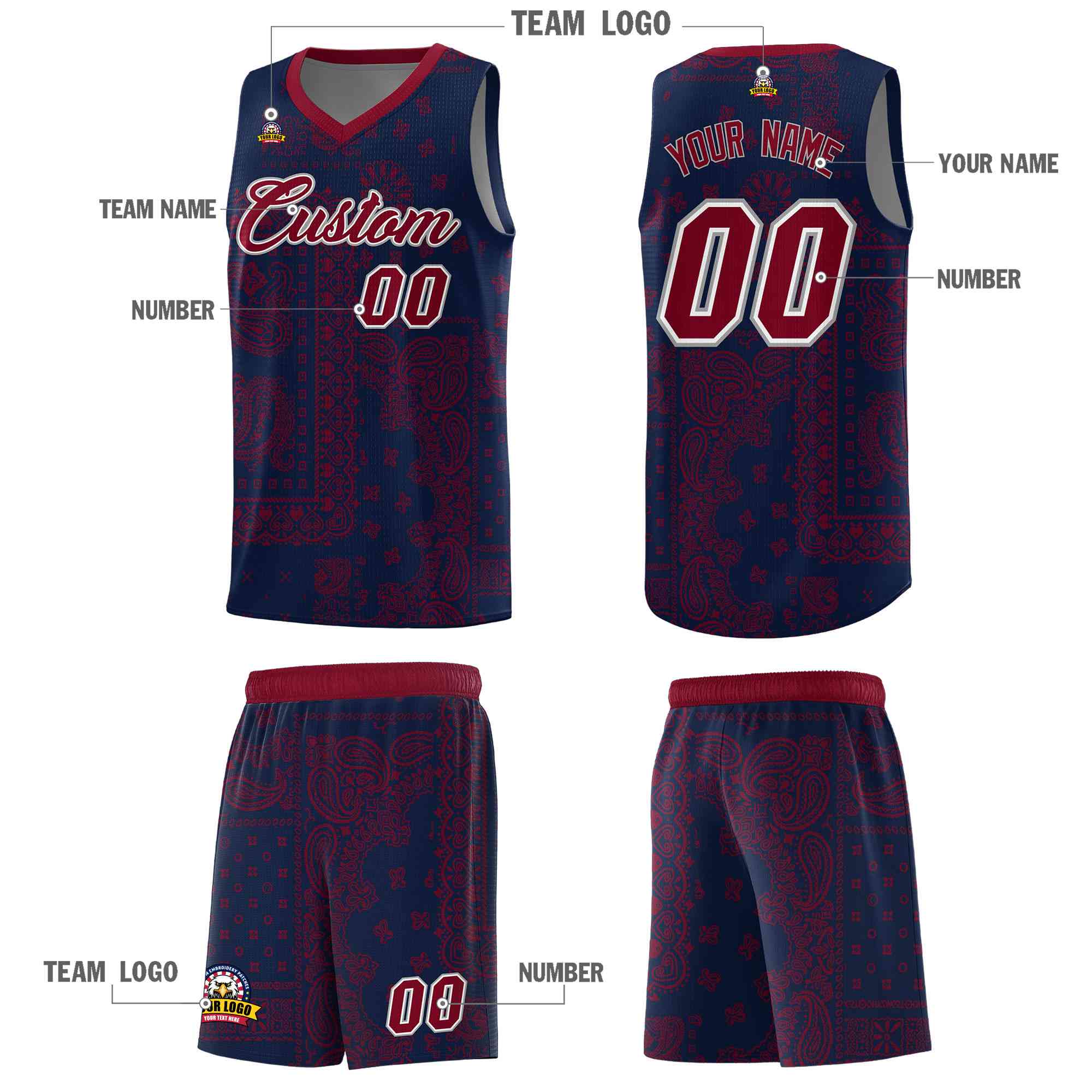 Custom Navy Basketball Kits With Crimson Cashew Flower Print Pattern